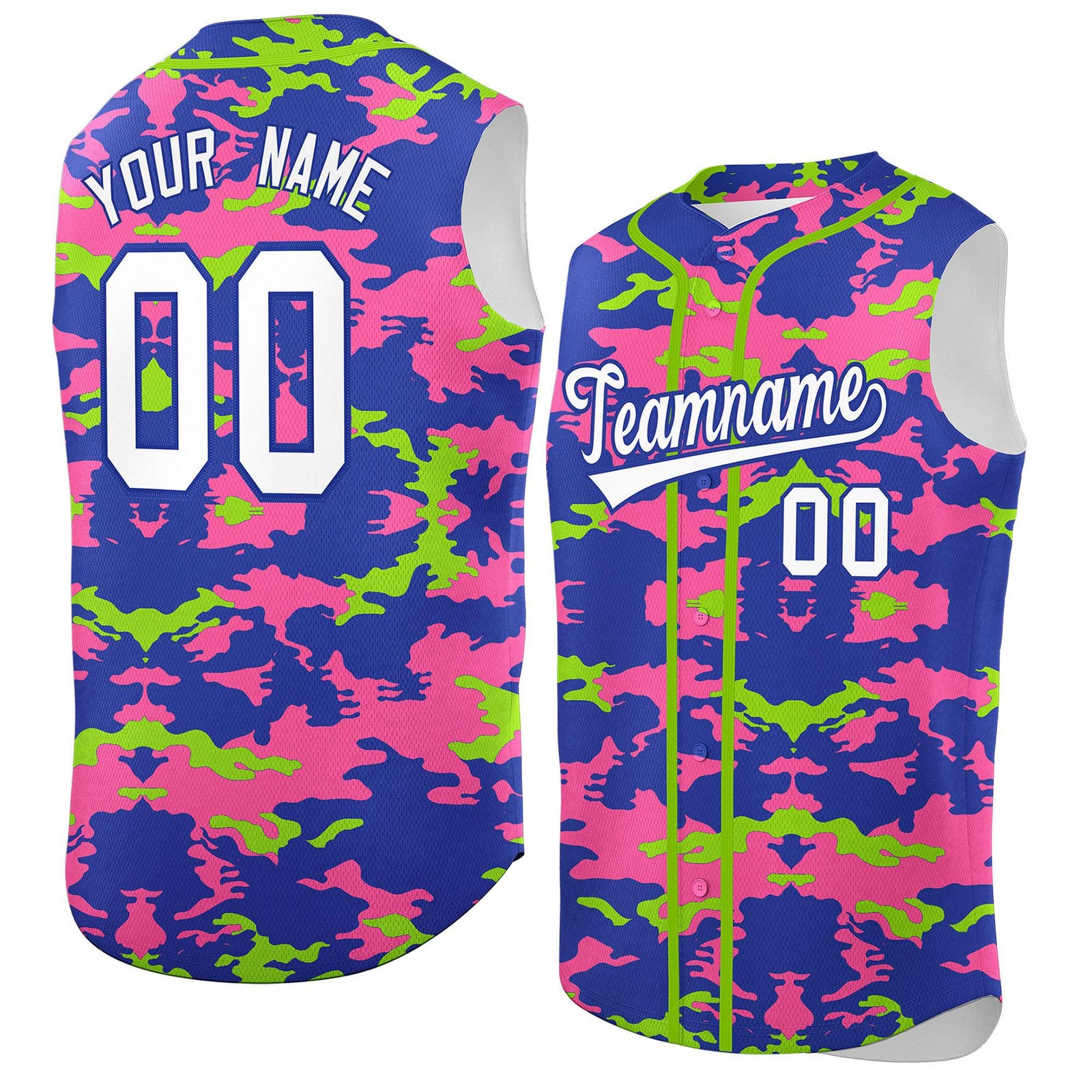Custom Royal Pink and Neon Green Camo Fashion Authentic Sleeveless Baseball Jersey
