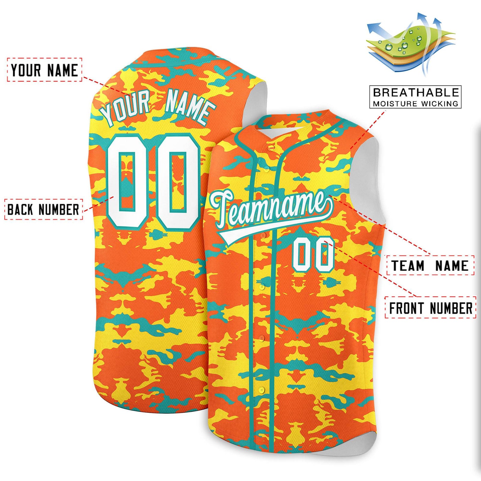 Custom Orange Gold and Aqua Camo Fashion Authentic Sleeveless Baseball Jersey