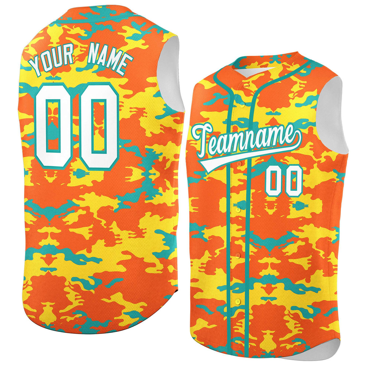 Custom Orange Gold and Aqua Camo Fashion Authentic Sleeveless Baseball Jersey