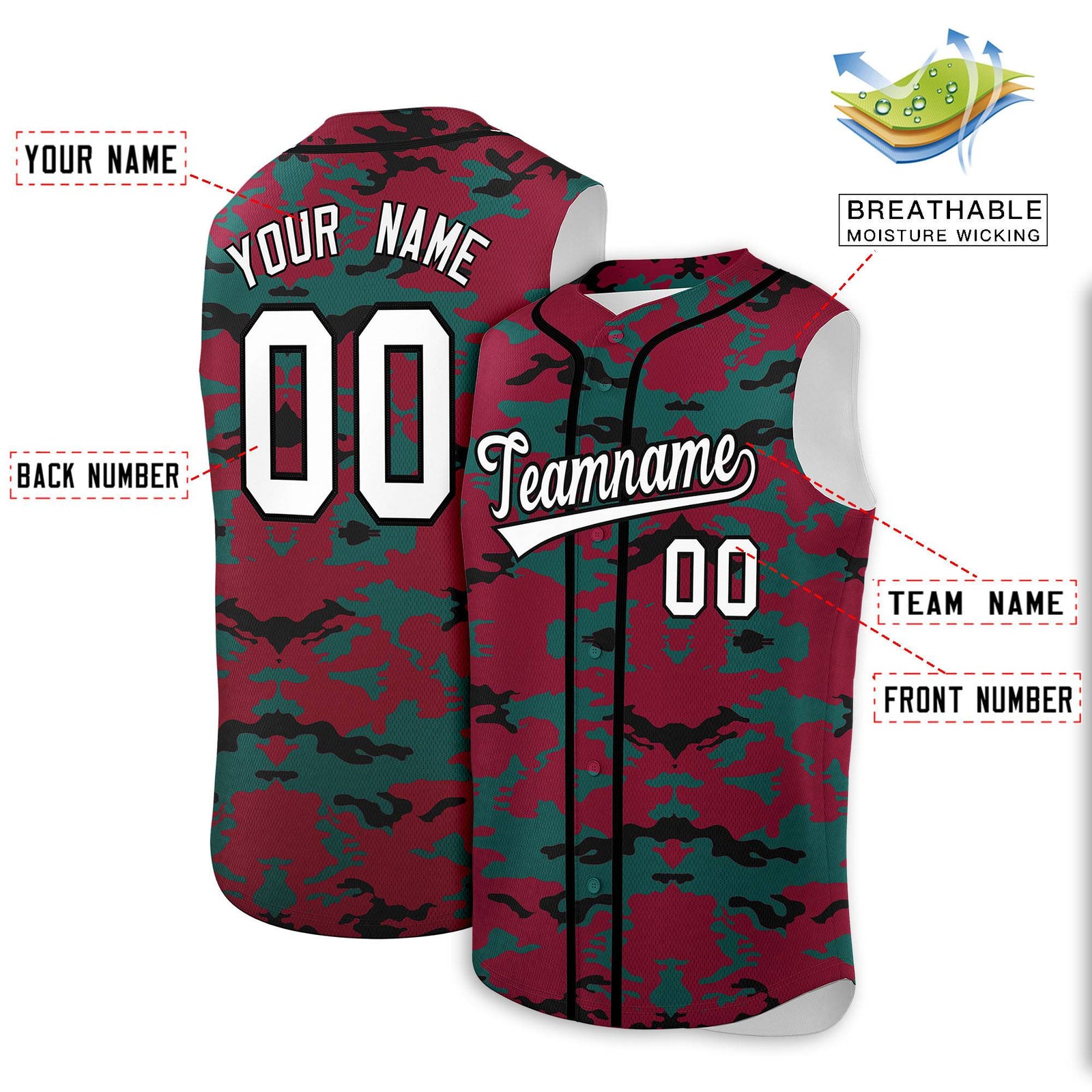 Custom Crimson Midnight Green and Black Camo Fashion Authentic Sleeveless Baseball Jersey