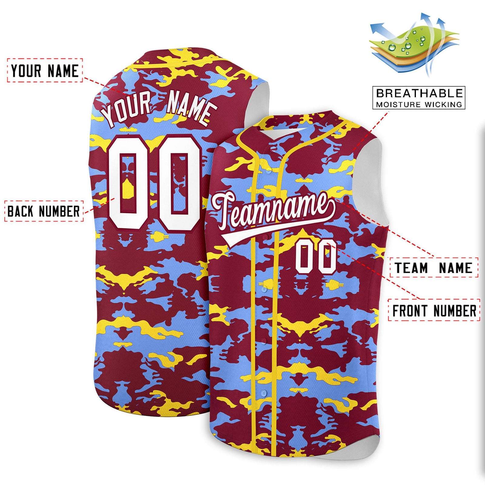Custom Crimson Light Blue and Gold Camo Fashion Authentic Sleeveless Baseball Jersey