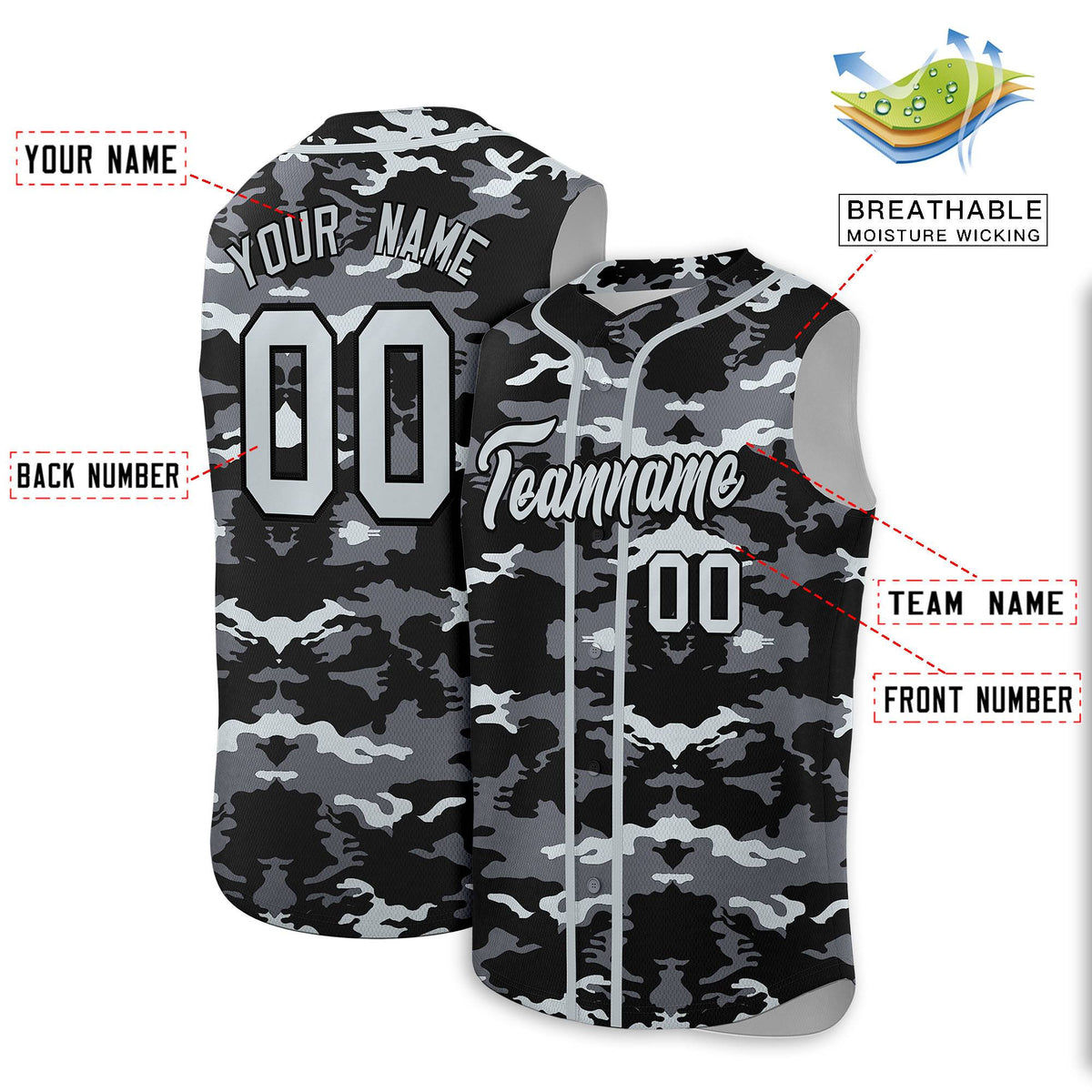 Custom Black Gray and Silver Camo Fashion Authentic Sleeveless Baseball Jersey
