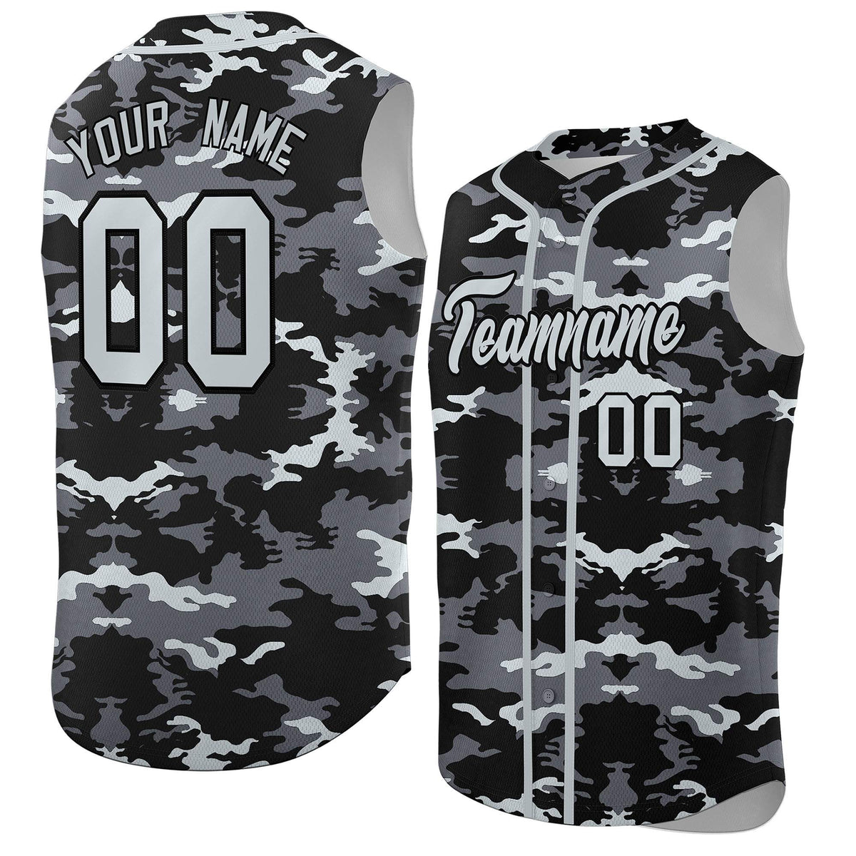 Custom Black Gray and Silver Camo Fashion Authentic Sleeveless Baseball Jersey