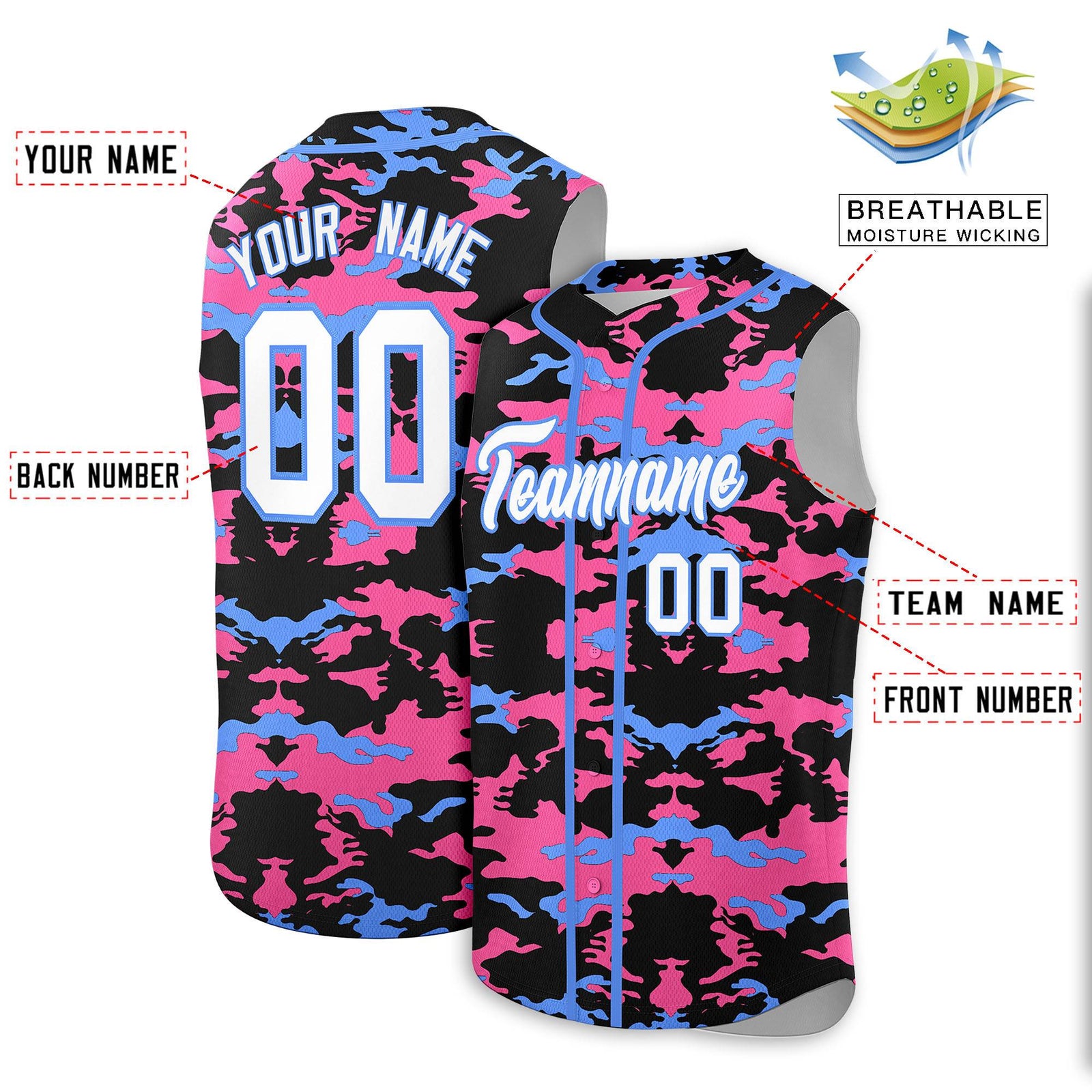 Custom Black Pink and Powder Blue Camo Fashion Authentic Sleeveless Baseball Jersey