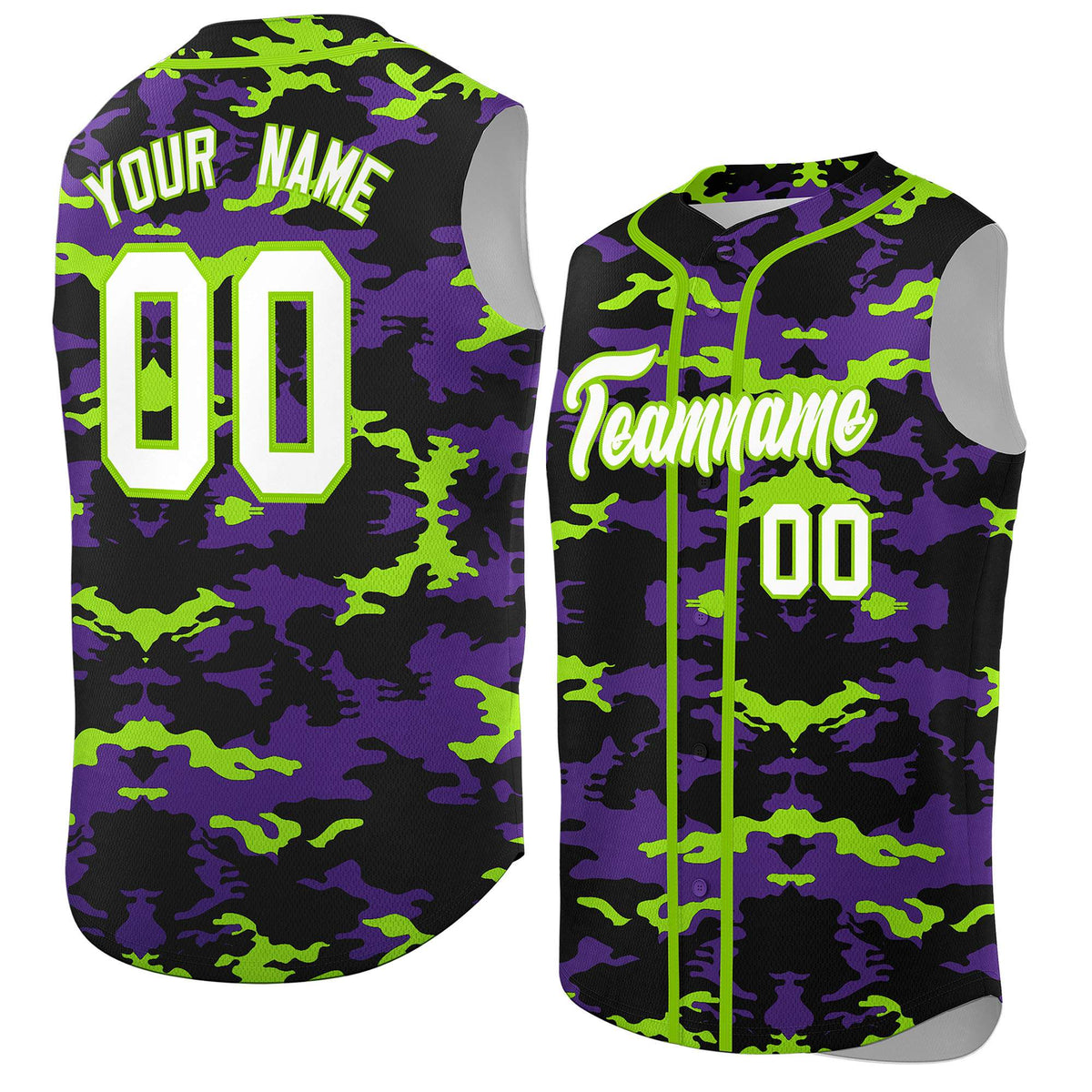 Custom Black Purple and Neon Green Camo Fashion Authentic Sleeveless Baseball Jersey