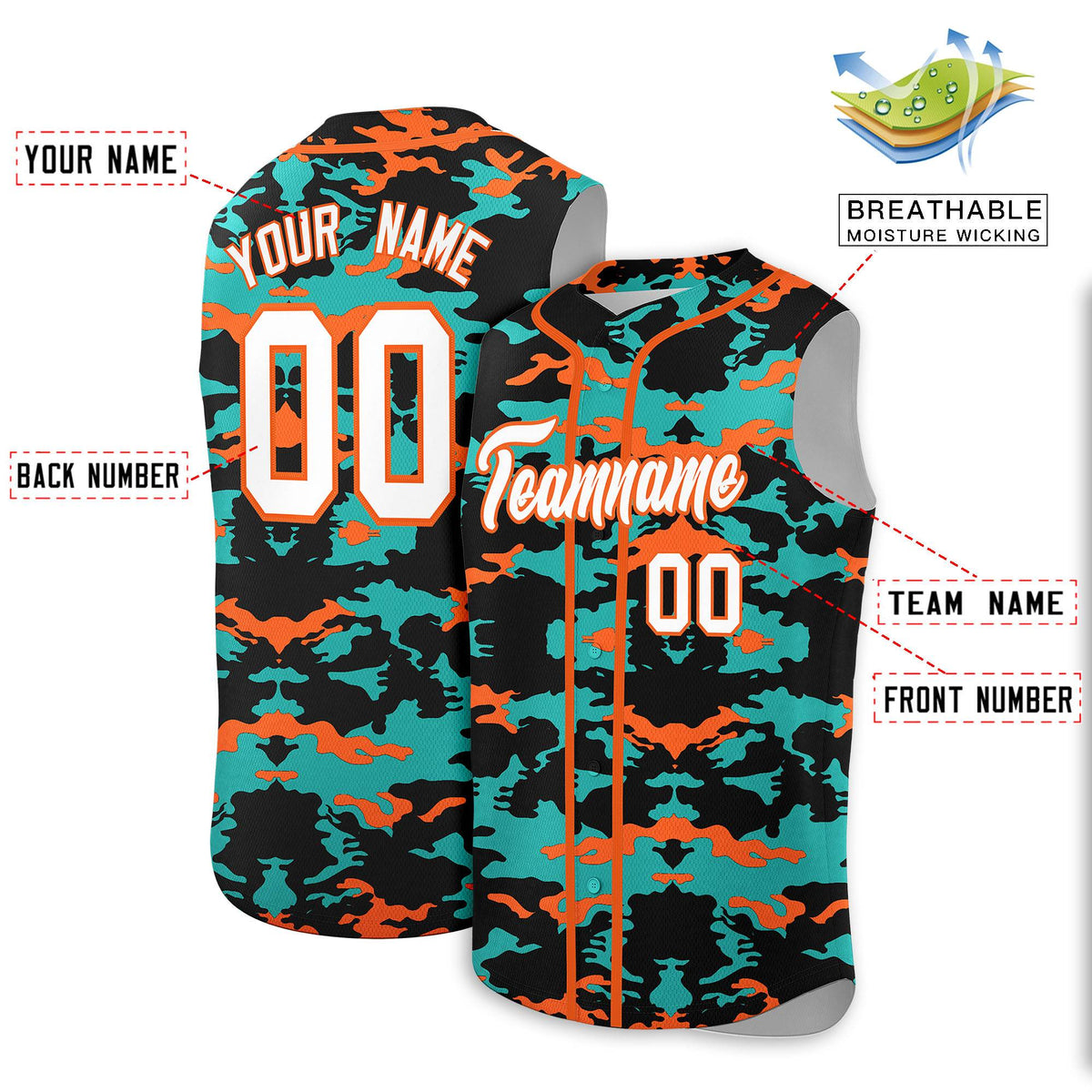 Custom Black Aqua and Orange Camo Fashion Authentic Sleeveless Baseball Jersey