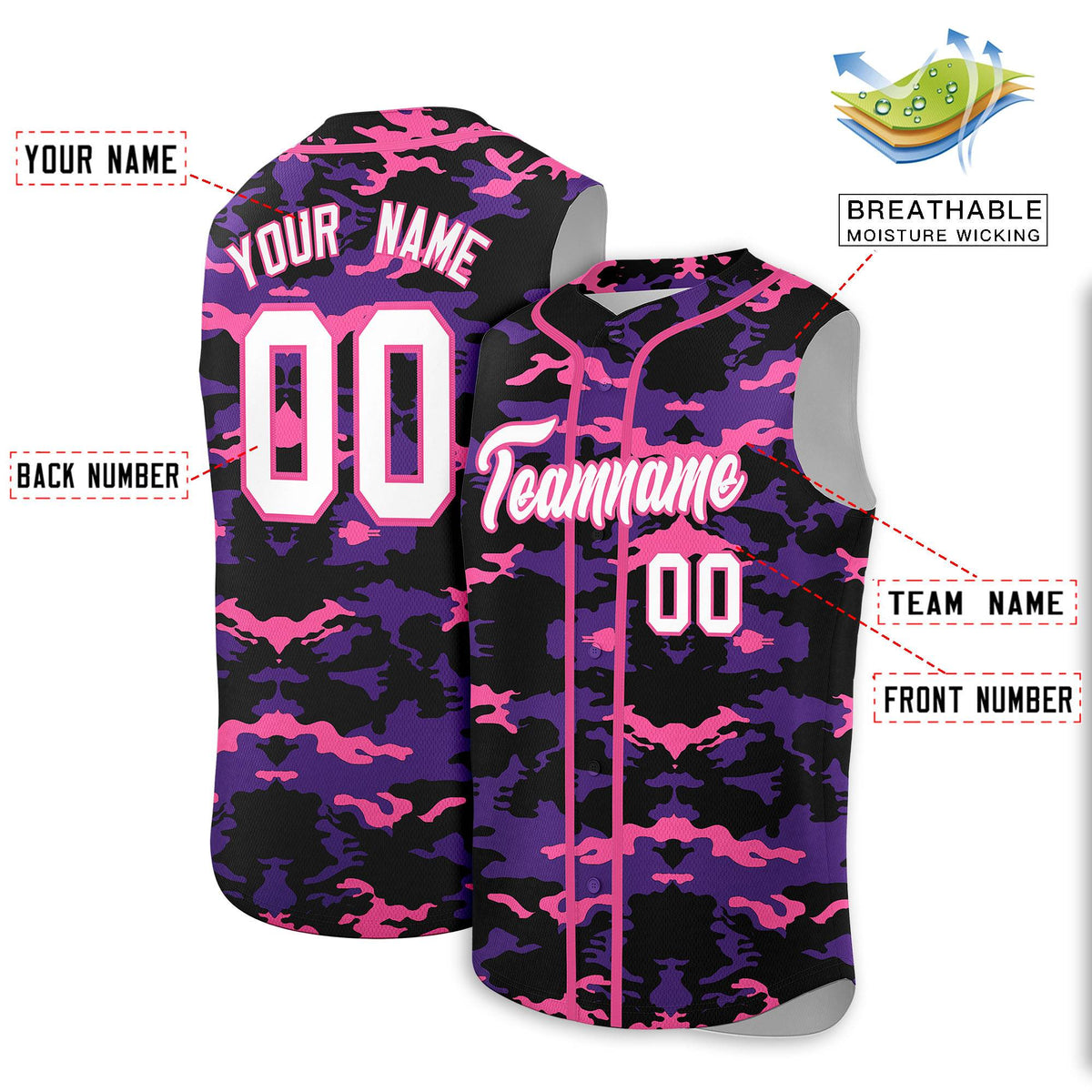 Custom Black Purple and Pink Camo Fashion Authentic Sleeveless Baseball Jersey
