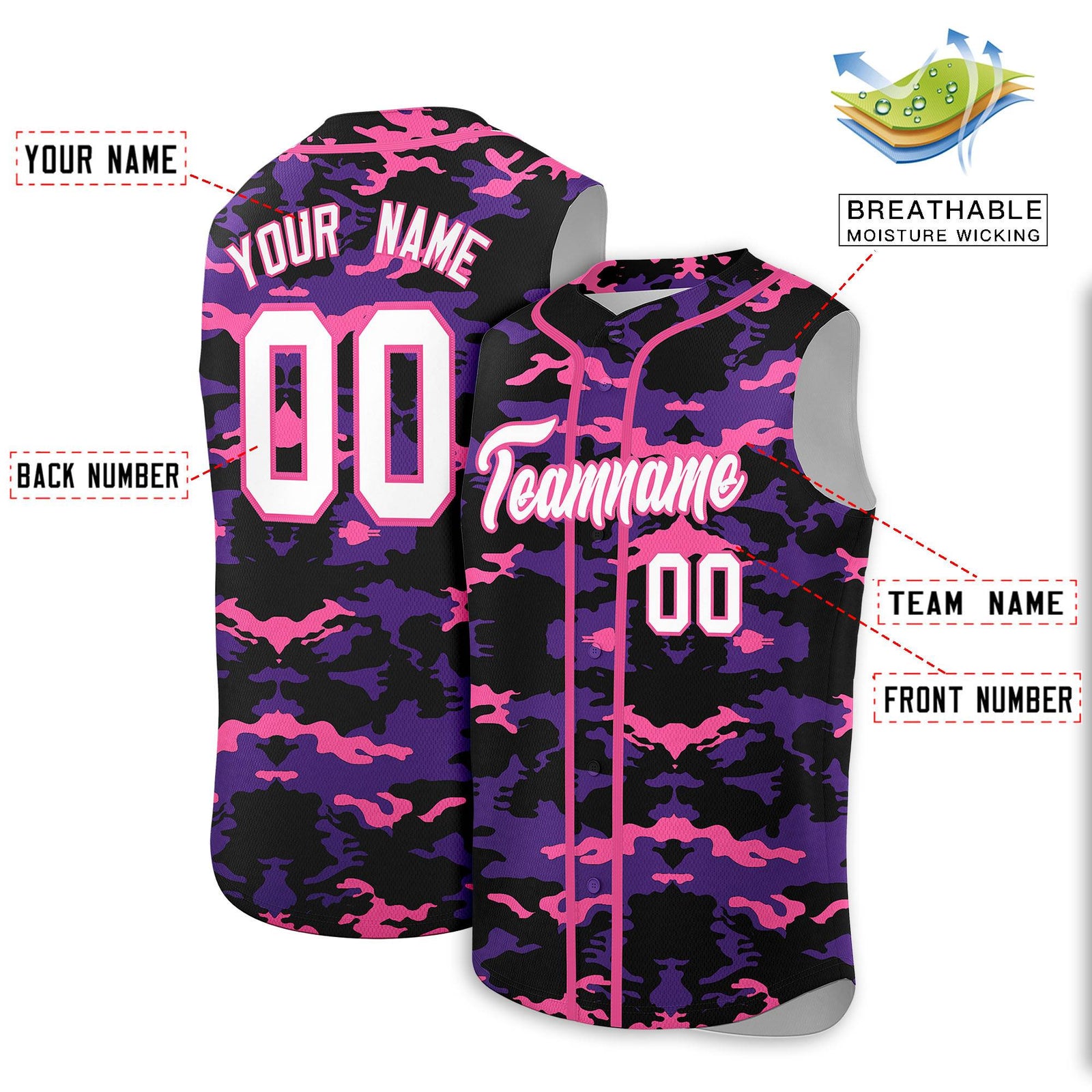 Custom Black Purple and Pink Camo Fashion Authentic Sleeveless Baseball Jersey