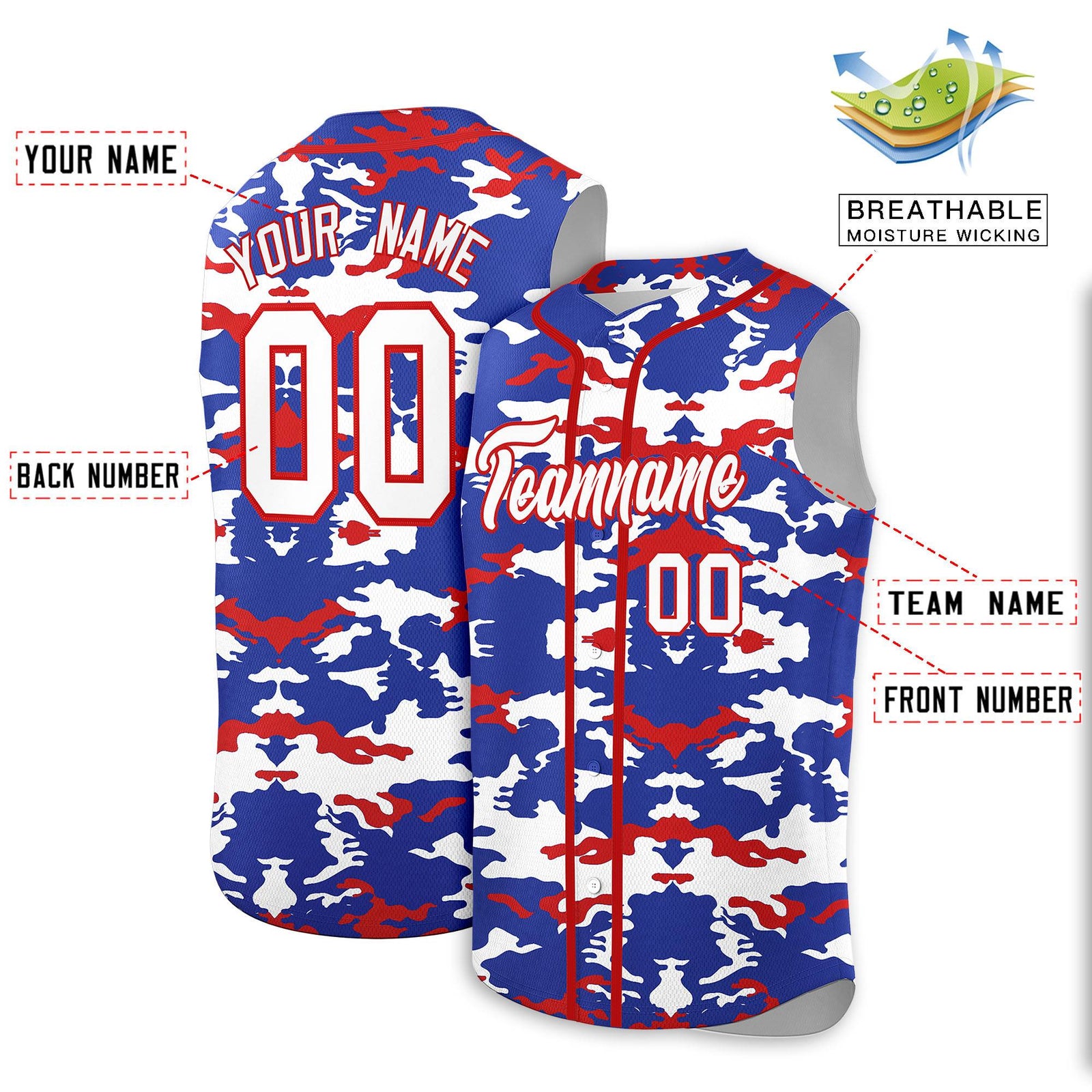Custom Royal White and Red Camo Fashion Authentic Sleeveless Baseball Jersey