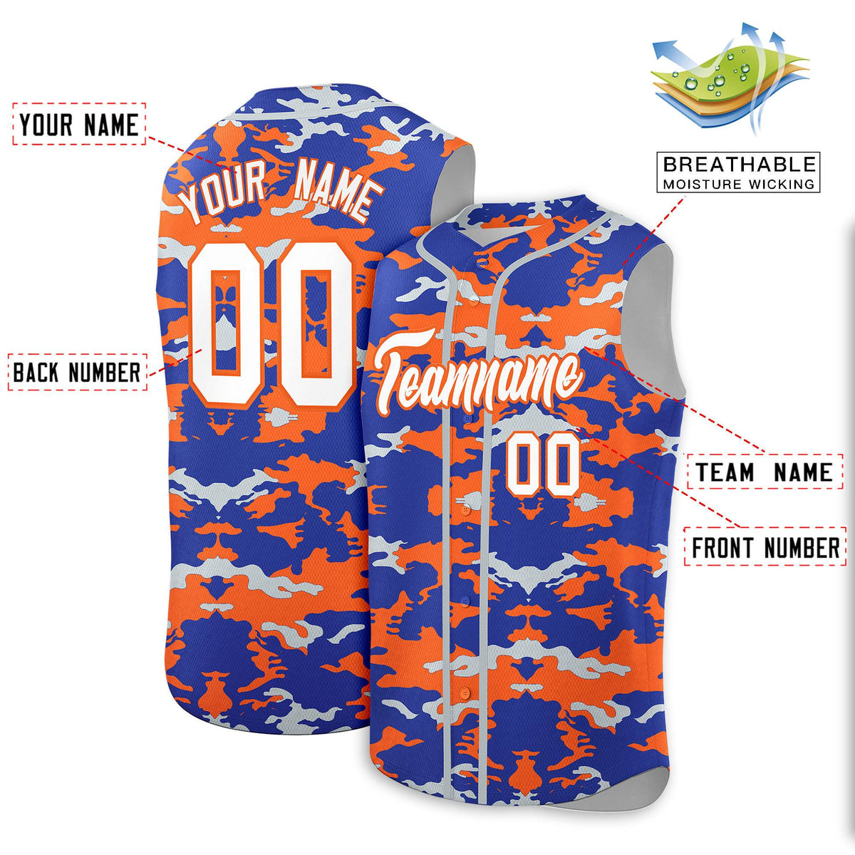 Custom Royal Orange and Silver Camo Fashion Authentic Sleeveless Baseball Jersey