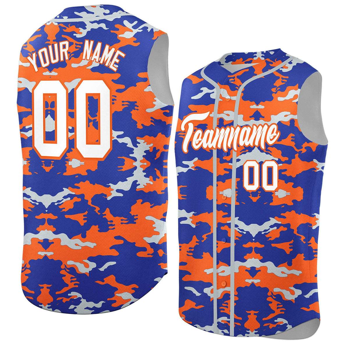 Custom Royal Orange and Silver Camo Fashion Authentic Sleeveless Baseball Jersey