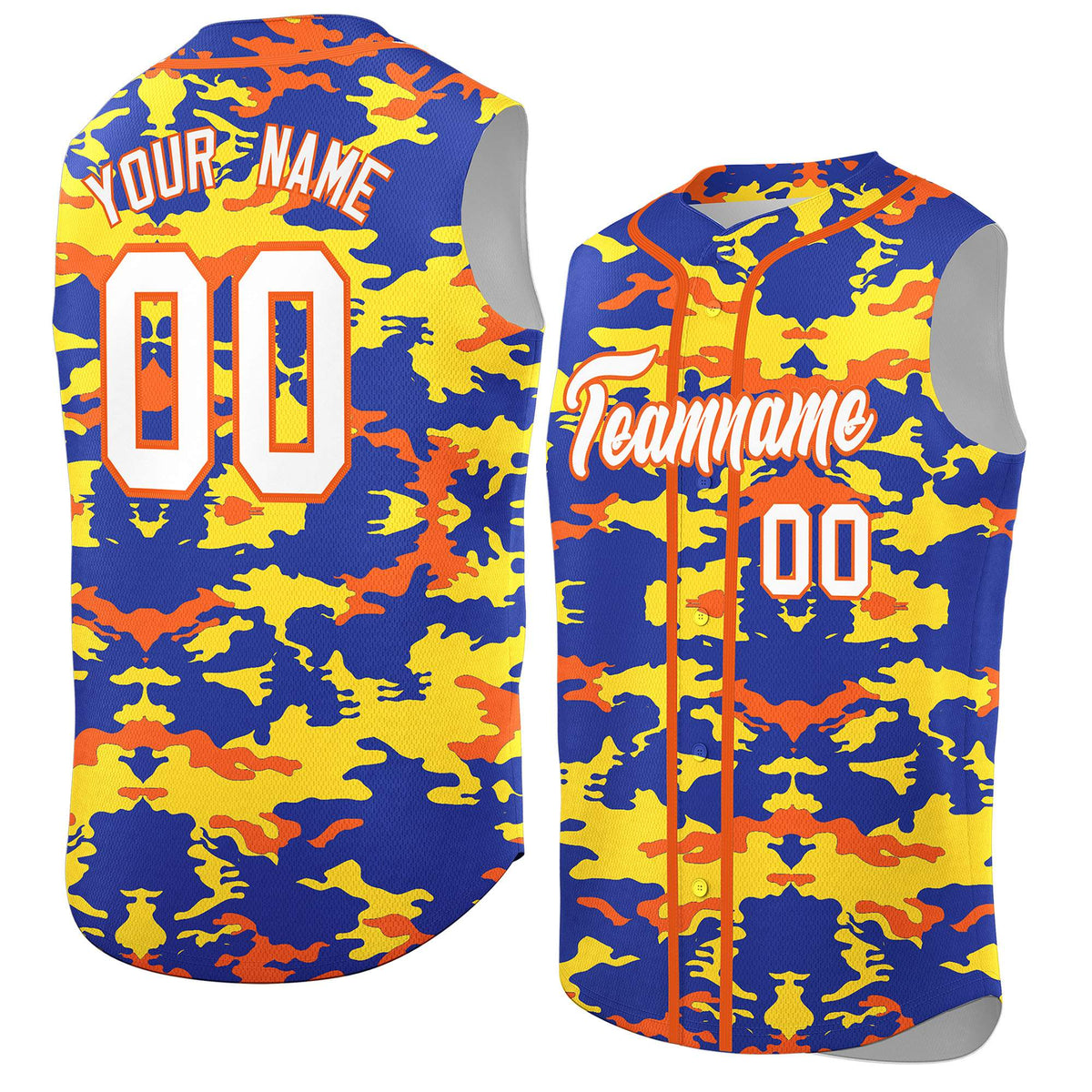 Custom Royal Gold and Orange Camo Fashion Authentic Sleeveless Baseball Jersey
