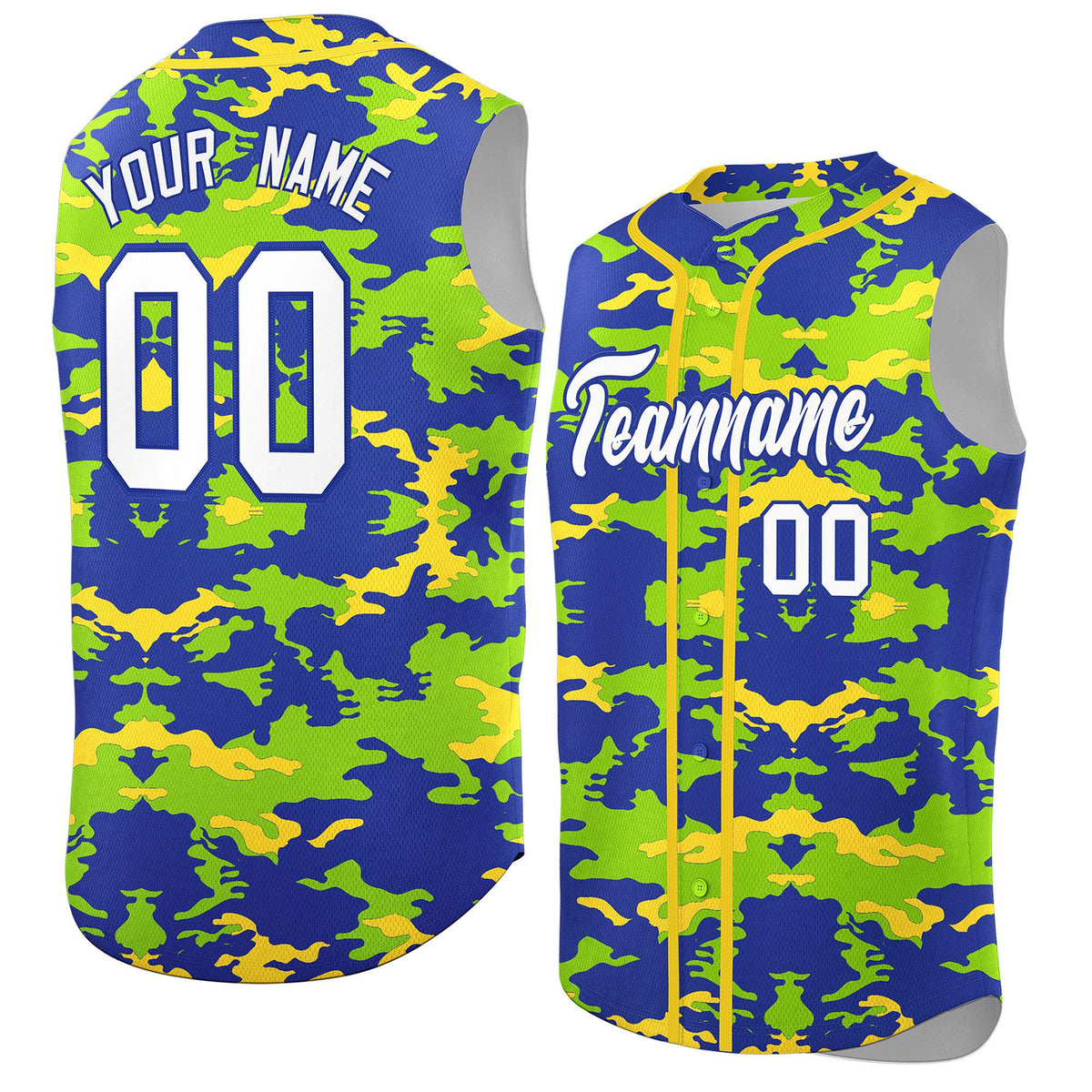 Custom Royal Neon Green and Gold Camo Fashion Authentic Sleeveless Baseball Jersey