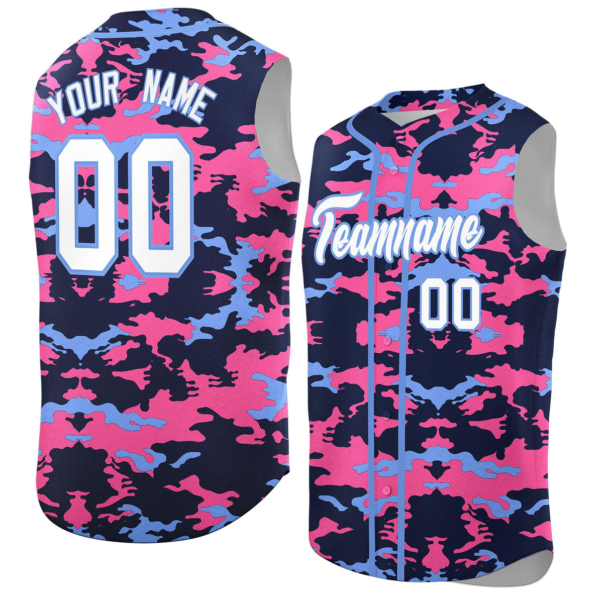 Custom Navy Pink and Powder Blue Camo Fashion Authentic Sleeveless Baseball Jersey
