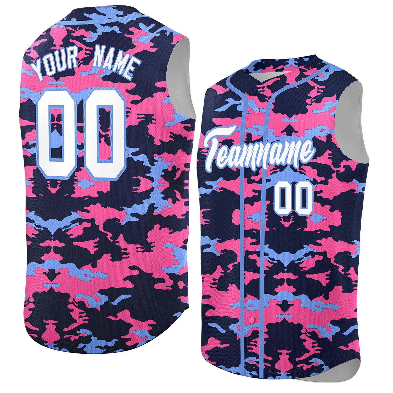 Custom Navy Pink and Powder Blue Camo Fashion Authentic Sleeveless Baseball Jersey