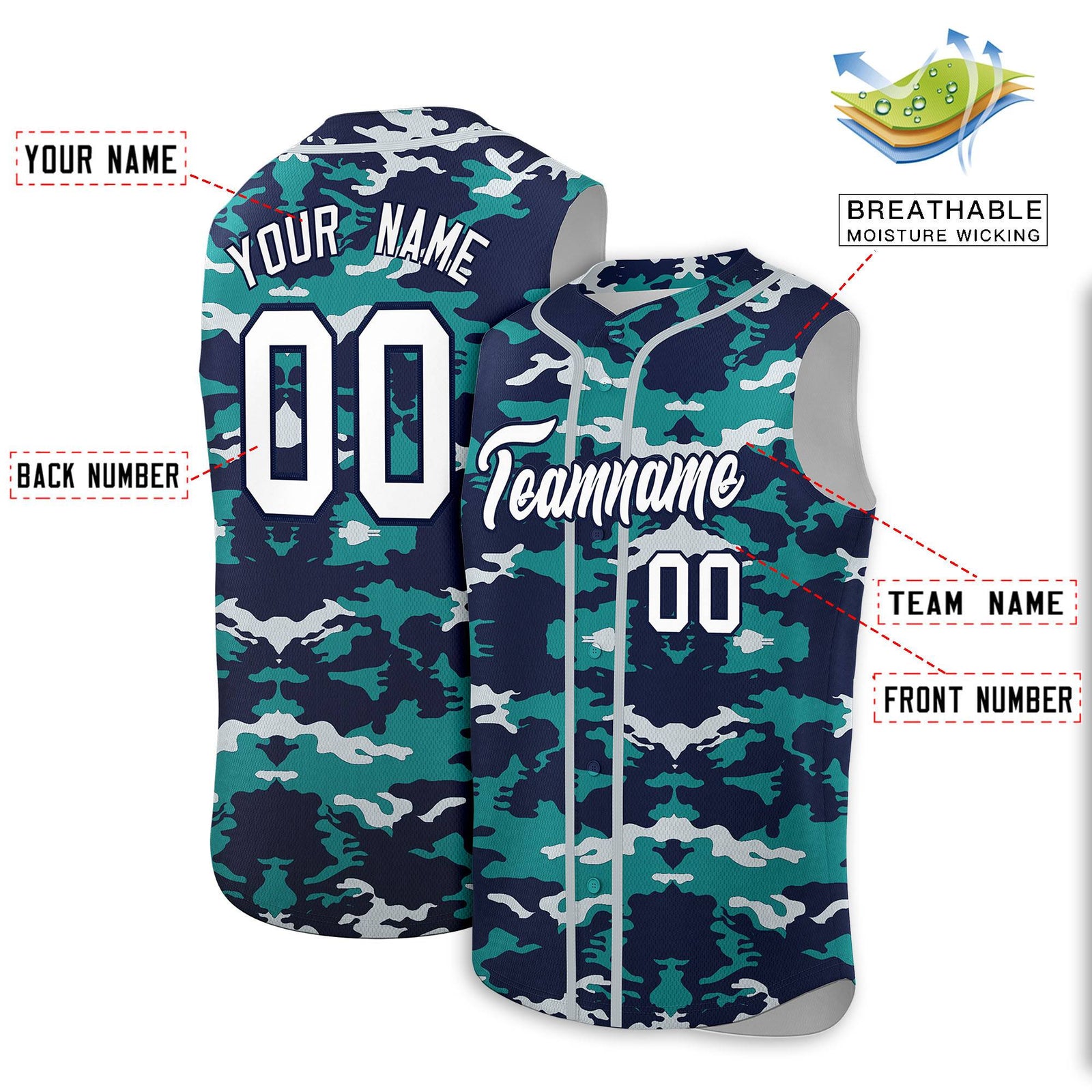 Custom Navy Aqua and Silver Camo Fashion Authentic Sleeveless Baseball Jersey