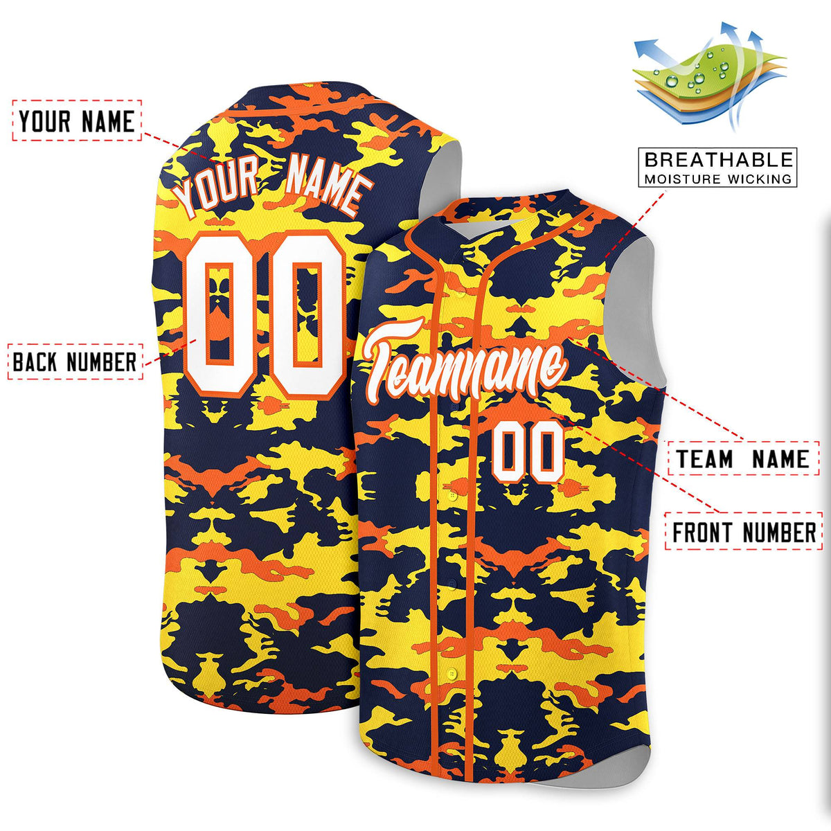 Custom Navy Gold and Orange Camo Fashion Authentic Sleeveless Baseball Jersey