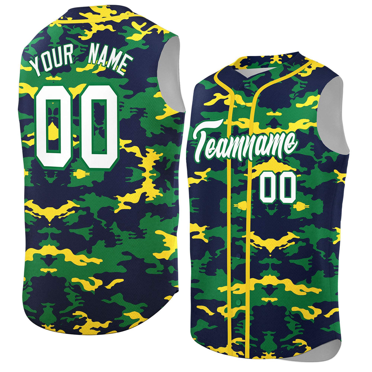 Custom Navy Kelly Green and Gold Camo Fashion Authentic Sleeveless Baseball Jersey