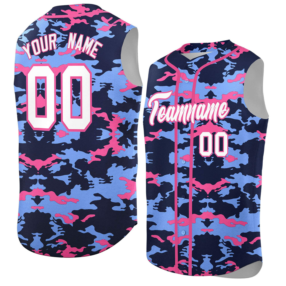 Custom Navy Light Blue and Pink Camo Fashion Authentic Sleeveless Baseball Jersey