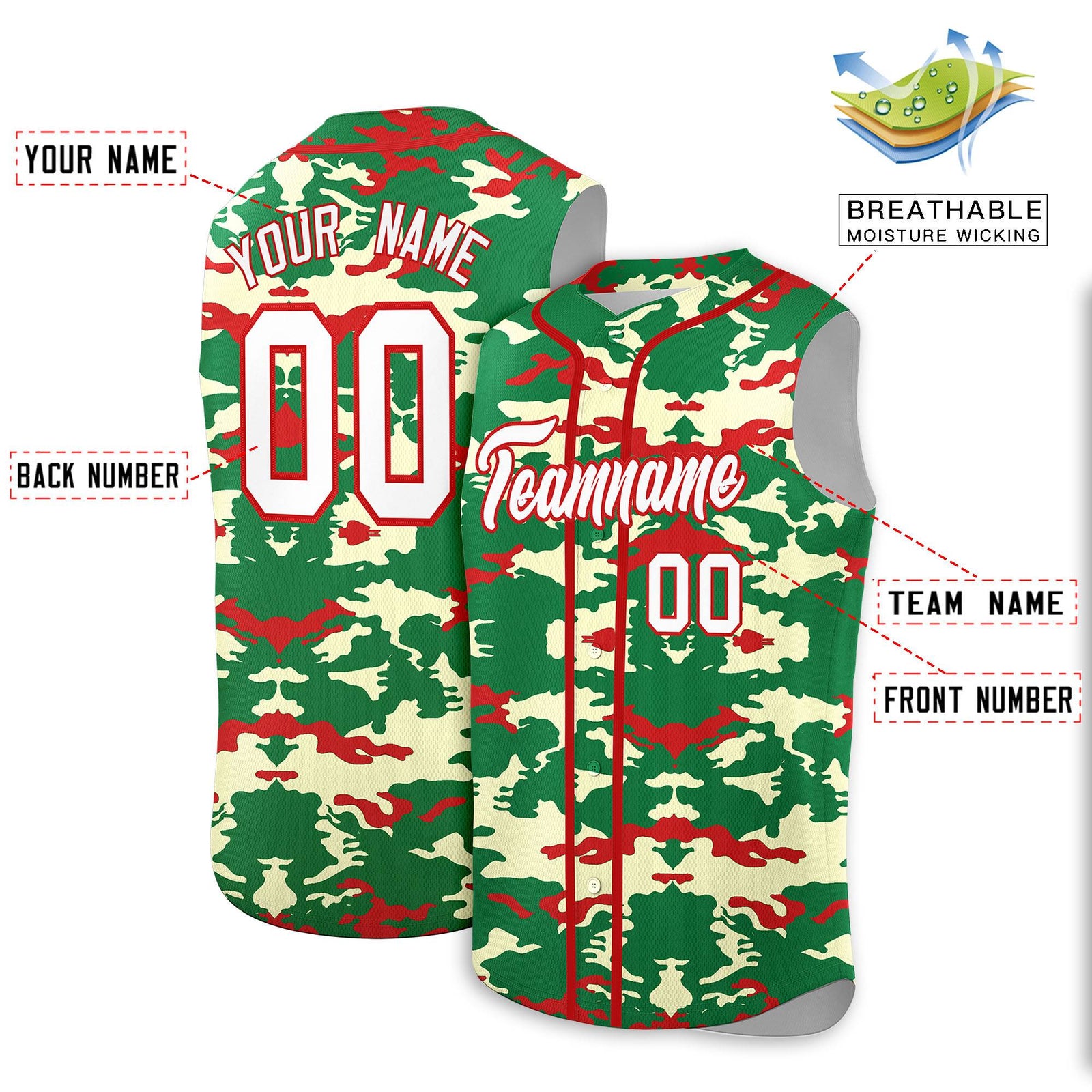 Custom Kelly Green Red Camo Fashion Authentic Sleeveless Baseball Jersey