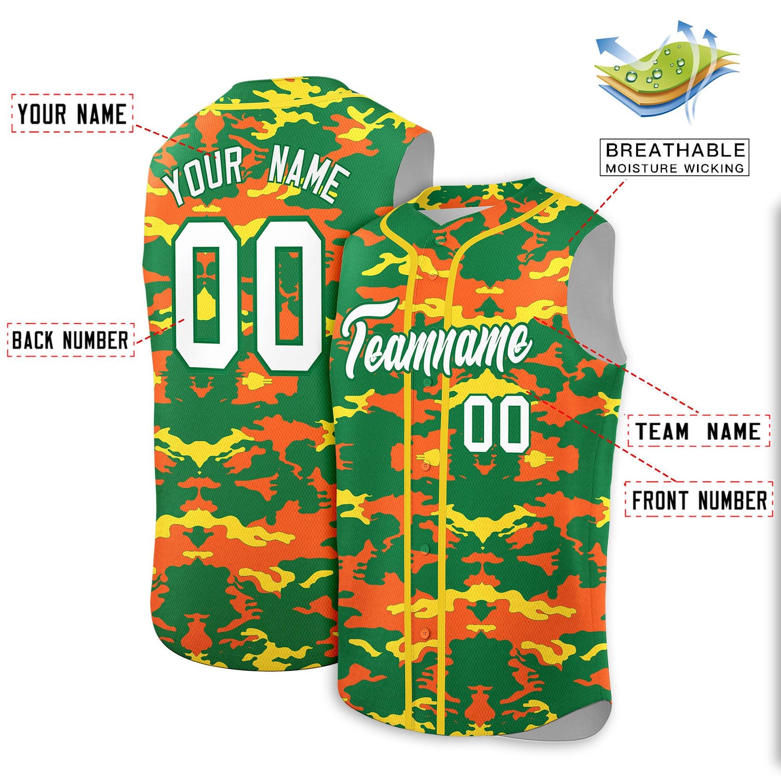 Custom Kelly Green Orange and Gold Camo Fashion Authentic Sleeveless Baseball Jersey