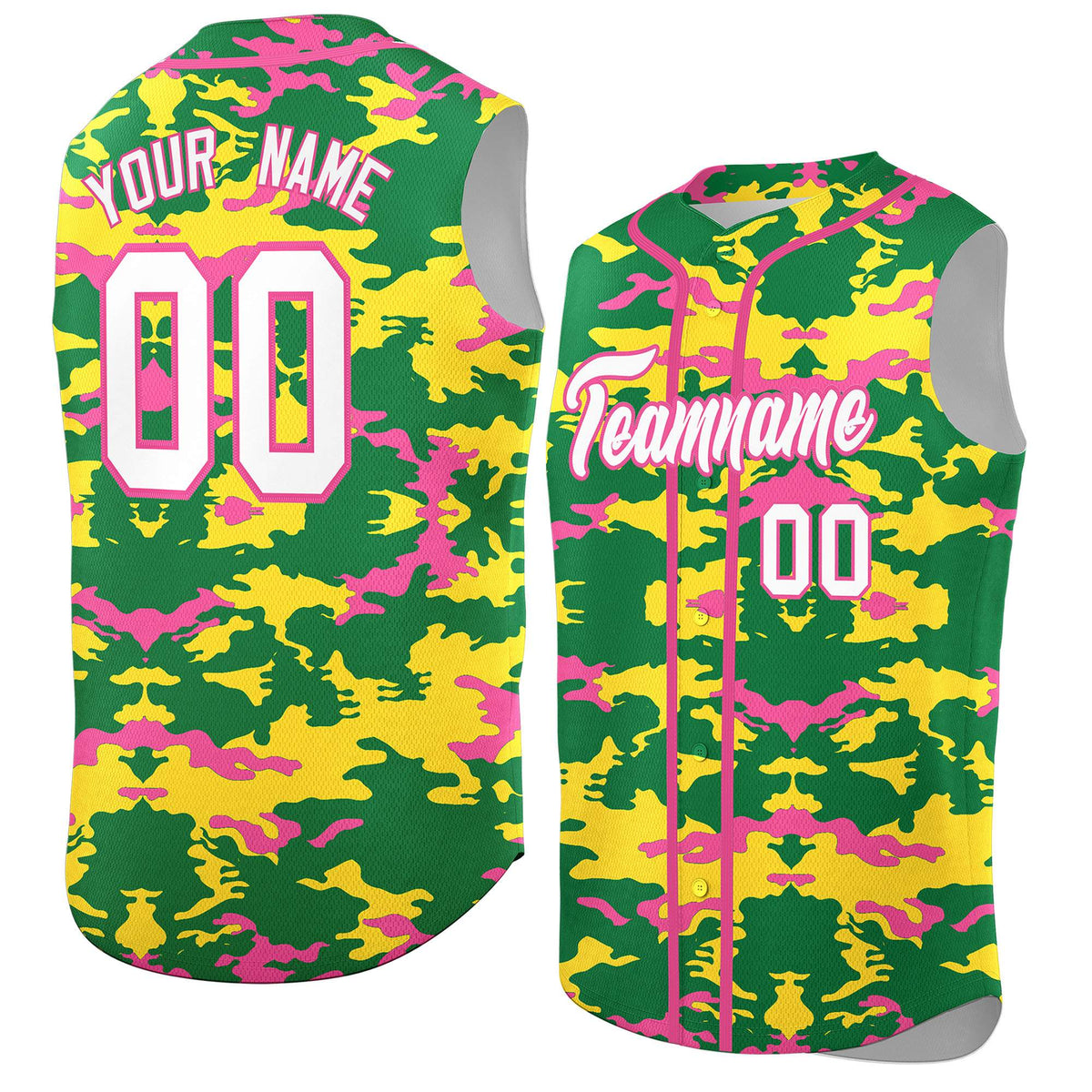 Custom Kelly Green Gold and Pink Camo Fashion Authentic Sleeveless Baseball Jersey