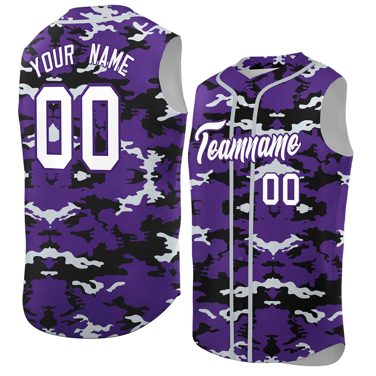 Custom Purple Black and Silver Camo Fashion Authentic Sleeveless Baseball Jersey