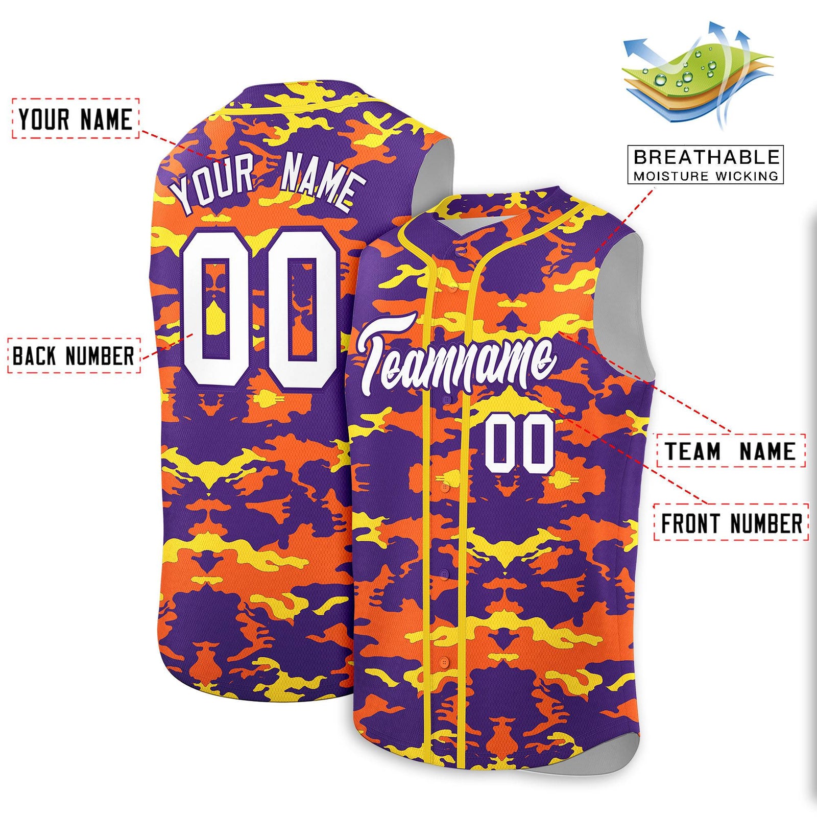 Custom Purple Orange and Gold Camo Fashion Authentic Sleeveless Baseball Jersey