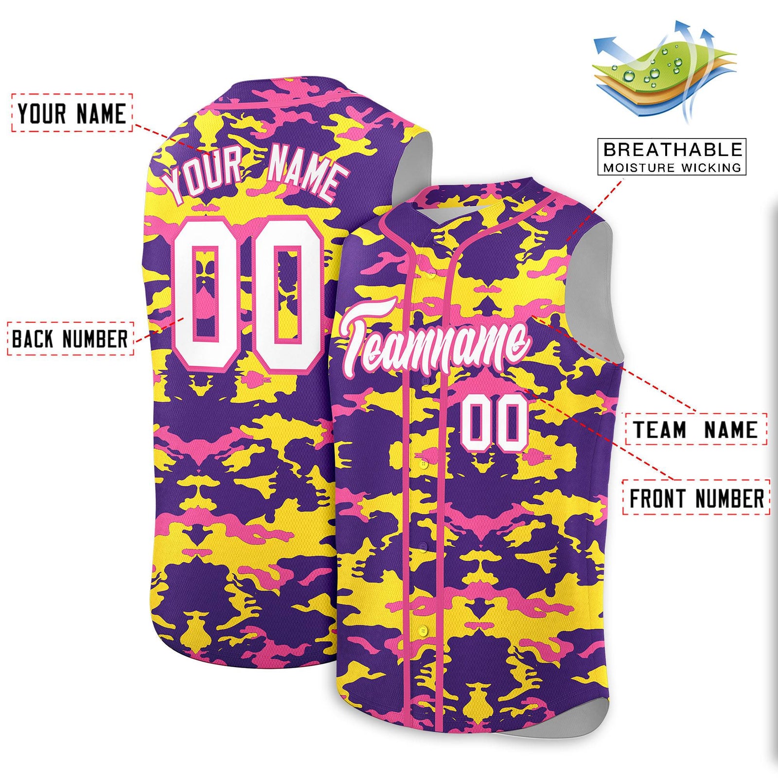 Custom Purple Gold and Pink Camo Fashion Authentic Sleeveless Baseball Jersey