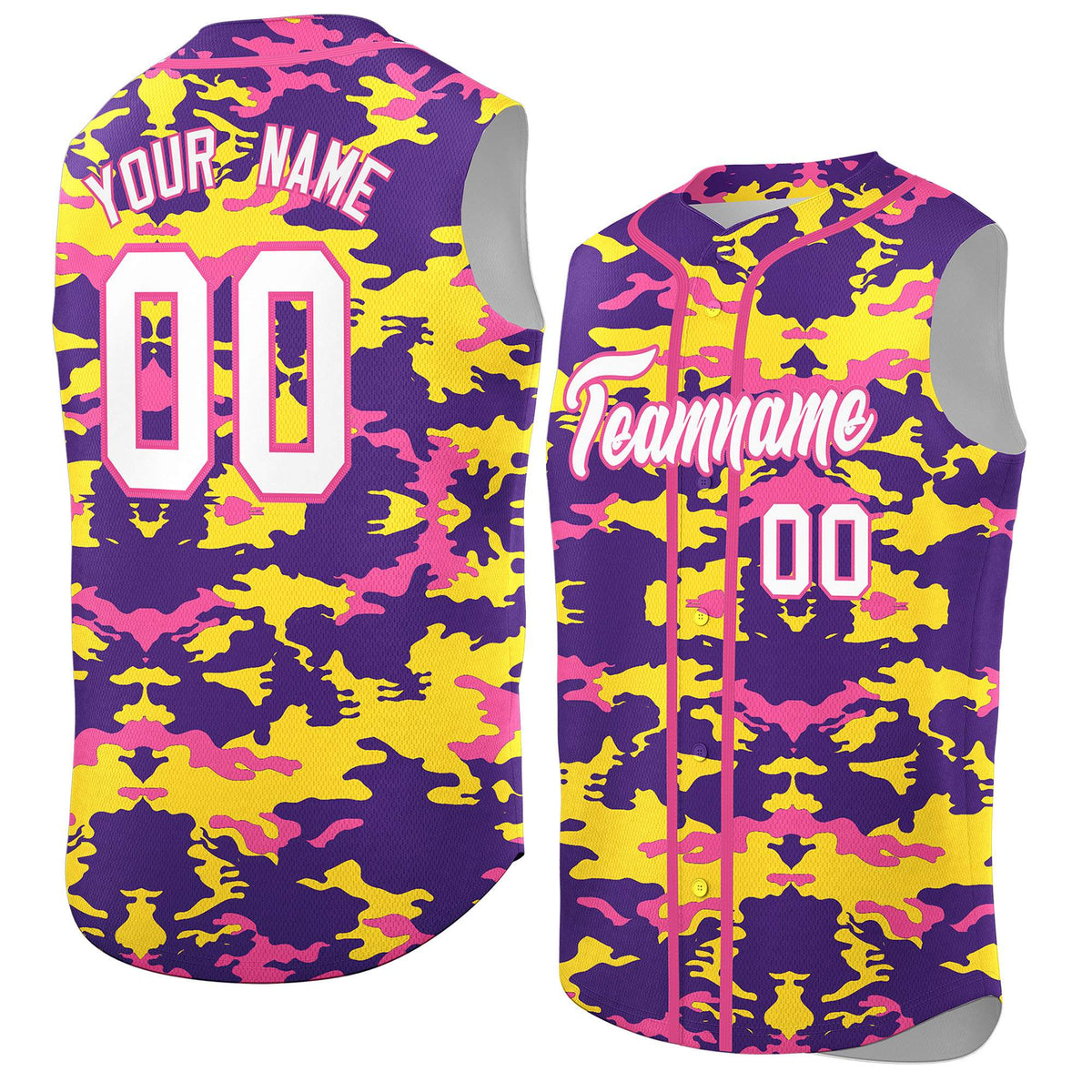 Custom Purple Gold and Pink Camo Fashion Authentic Sleeveless Baseball Jersey