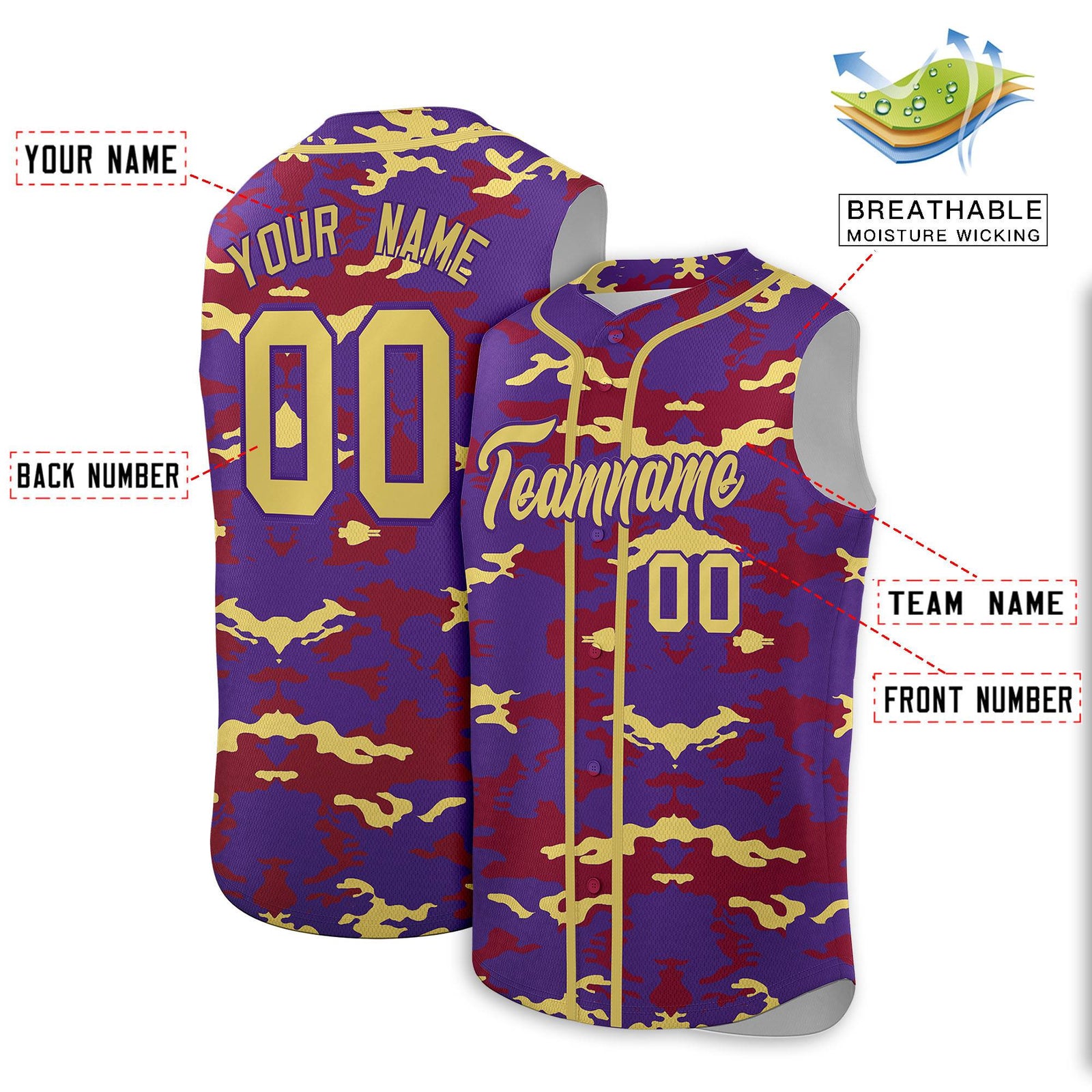 Custom Purple Crimson and Old Gold Camo Fashion Authentic Sleeveless Baseball Jersey