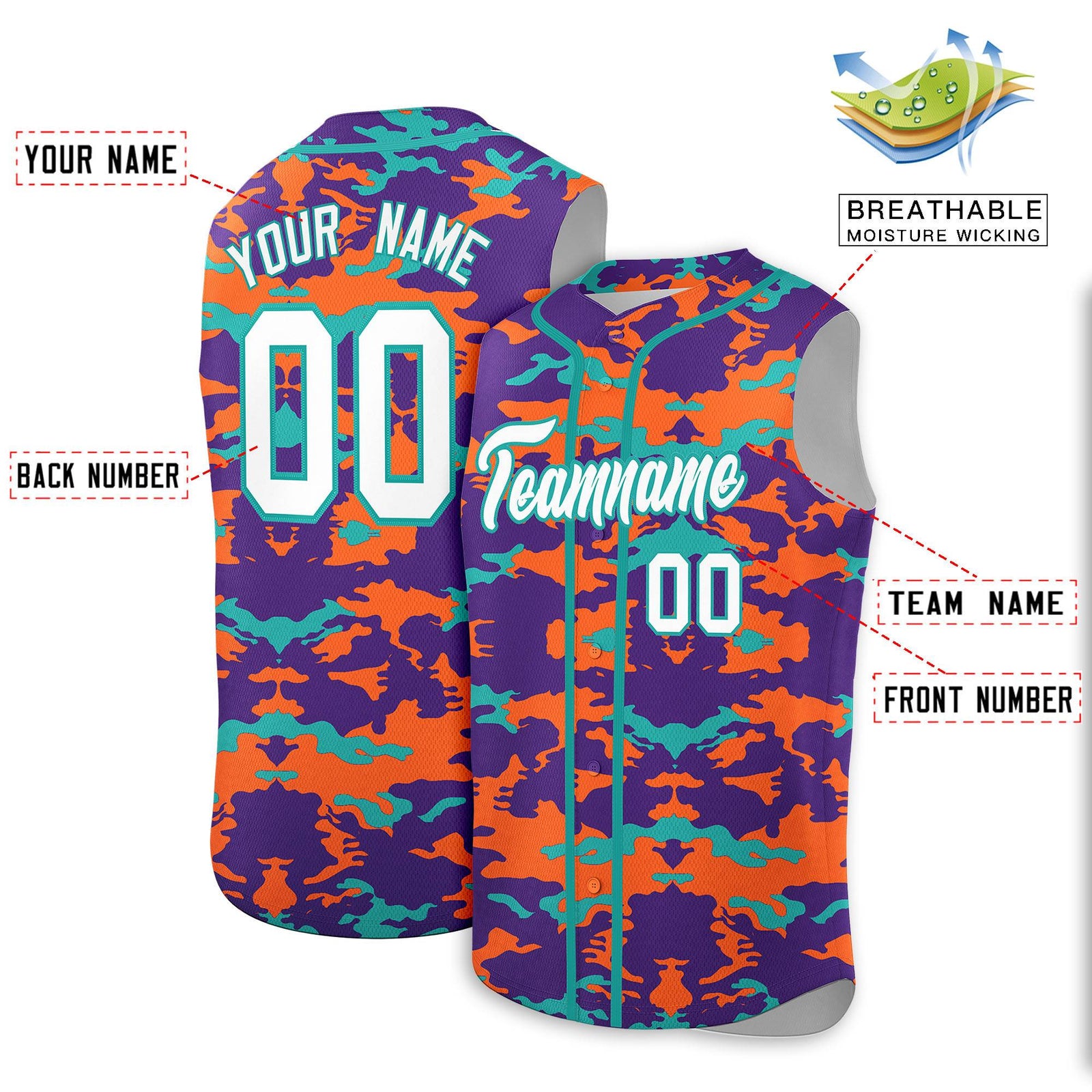 Custom Purple Orange and Aqua Camo Fashion Authentic Sleeveless Baseball Jersey