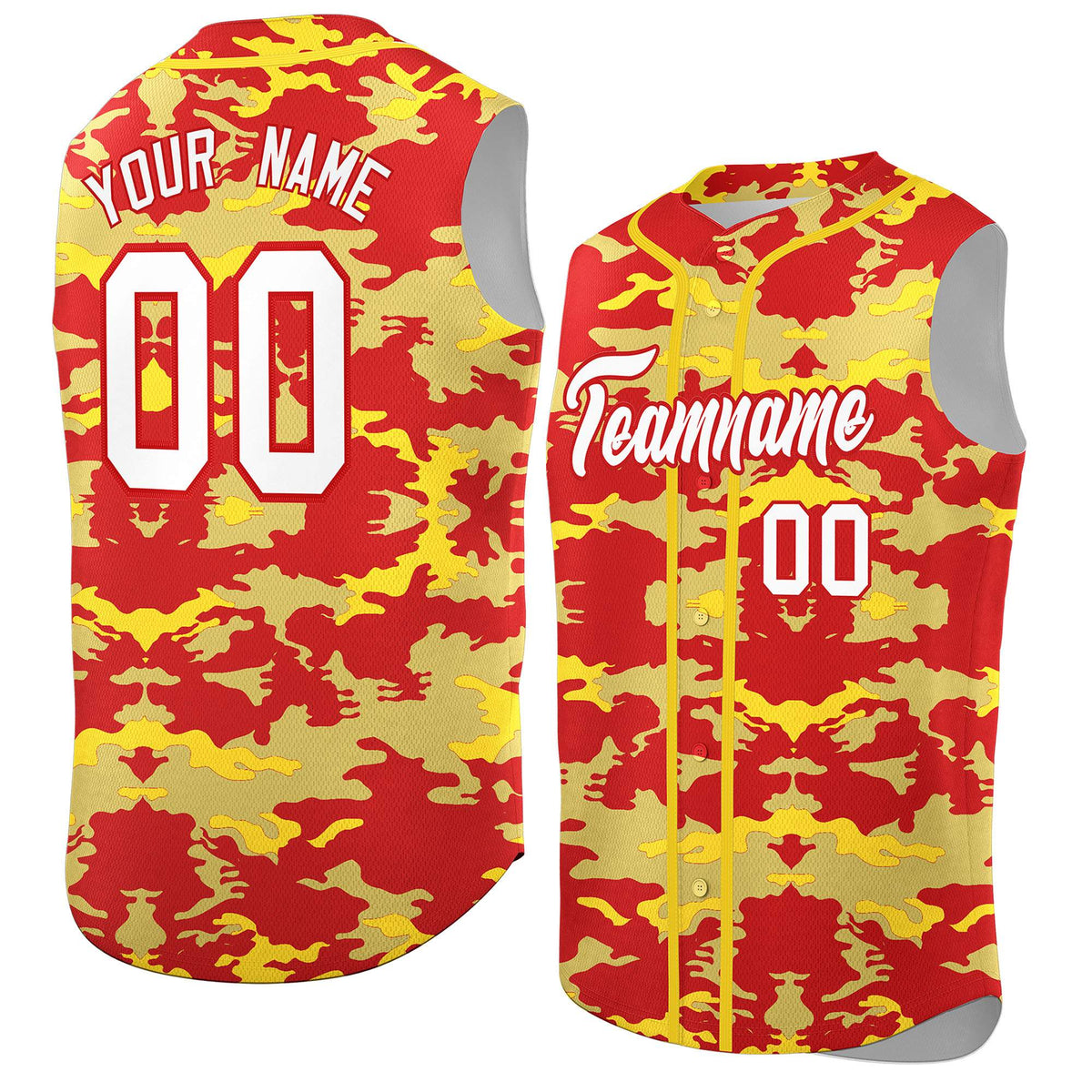 Custom Red Old Gold and Gold Camo Fashion Authentic Sleeveless Baseball Jersey