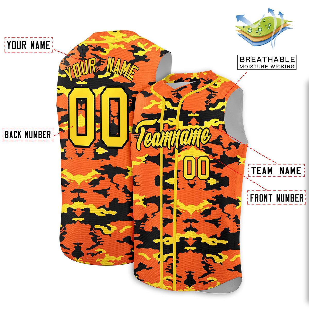 Custom Orange Black and Gold Camo Fashion Authentic Sleeveless Baseball Jersey