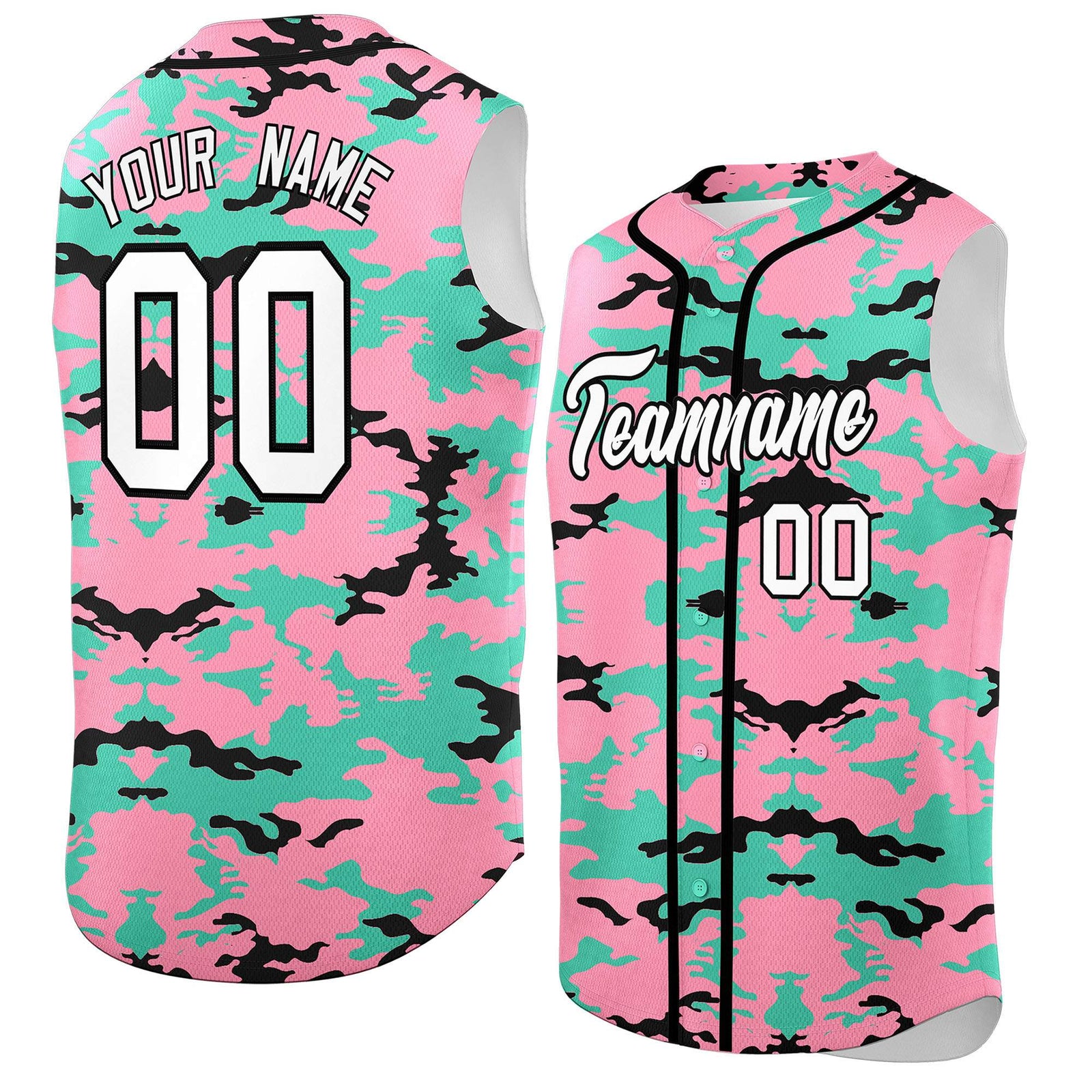 Custom Light Pink Bright Green and Black Camo Fashion Authentic Sleeveless Baseball Jersey