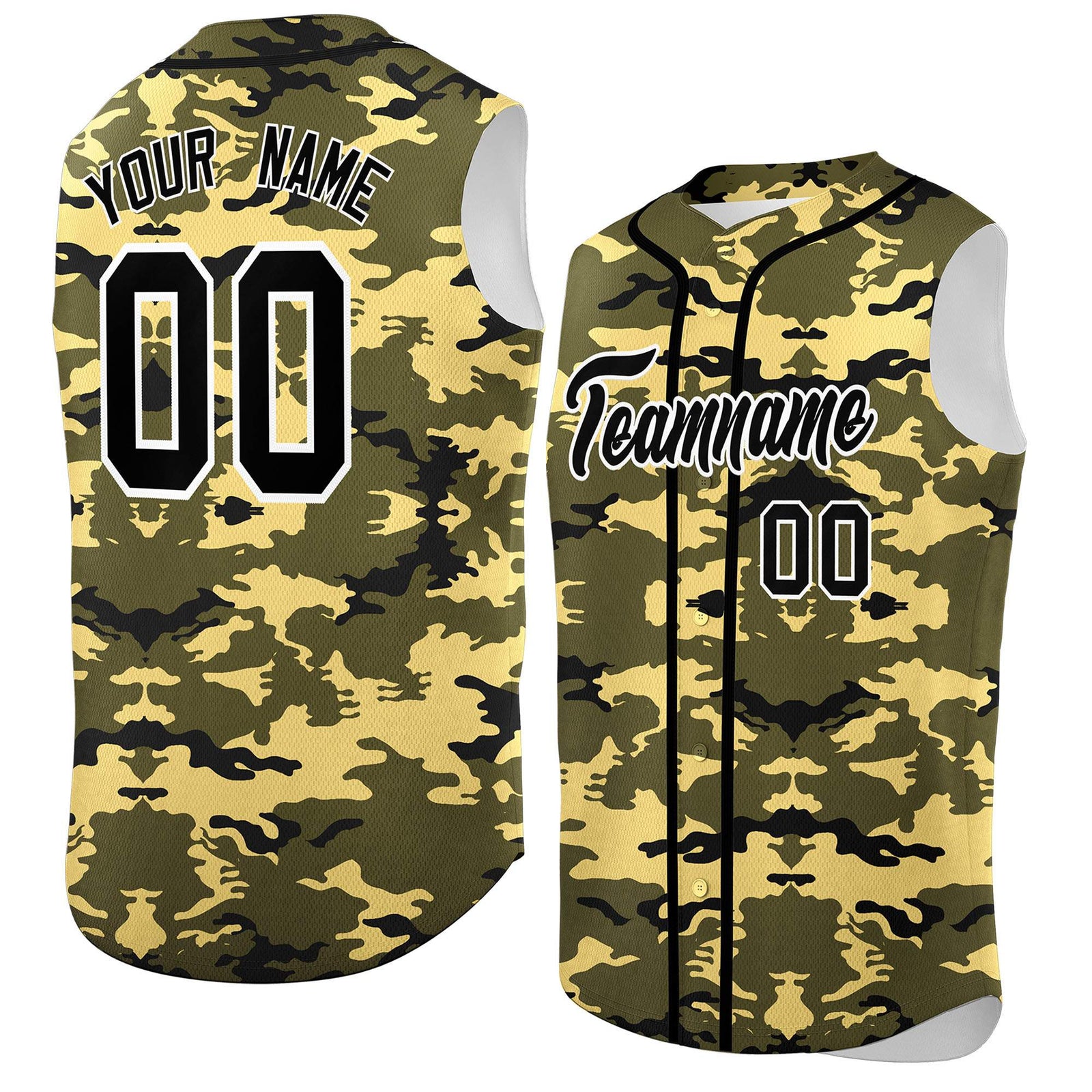 Custom Olive Khaki and Black Camo Fashion Authentic Sleeveless Baseball Jersey