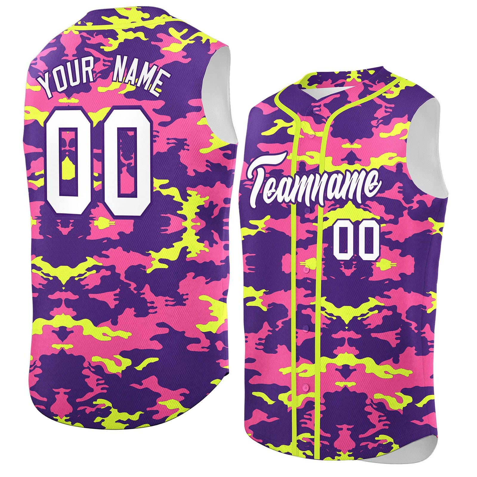 Custom Purple Pink and Fluorescent Green Camo Fashion Authentic Sleeveless Baseball Jersey