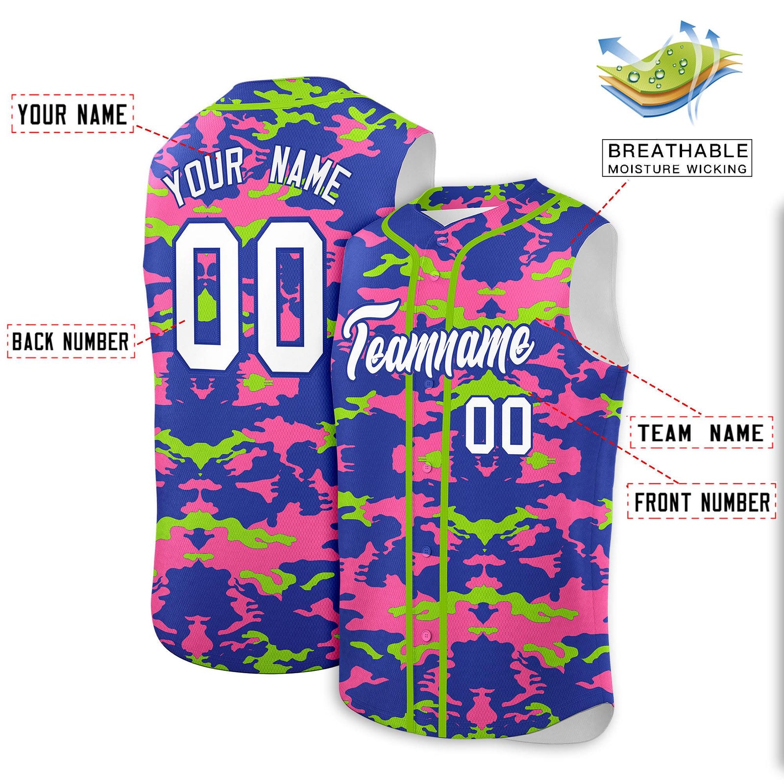 Custom Royal Pink and Neon Green Camo Fashion Authentic Sleeveless Baseball Jersey