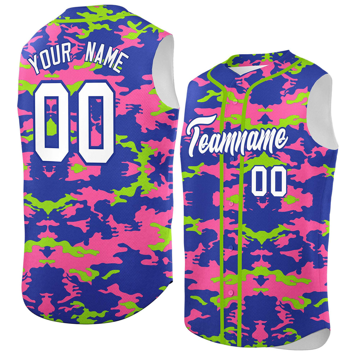 Custom Royal Pink and Neon Green Camo Fashion Authentic Sleeveless Baseball Jersey