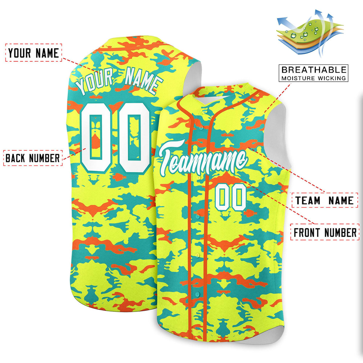Custom Fluorescent Green Aqua and Orange Camo Fashion Authentic Sleeveless Baseball Jersey