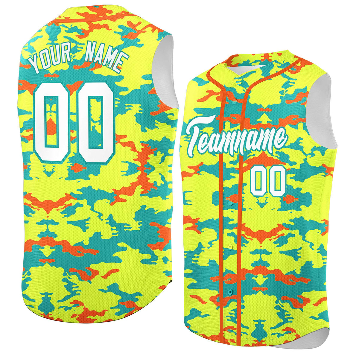 Custom Fluorescent Green Aqua and Orange Camo Fashion Authentic Sleeveless Baseball Jersey