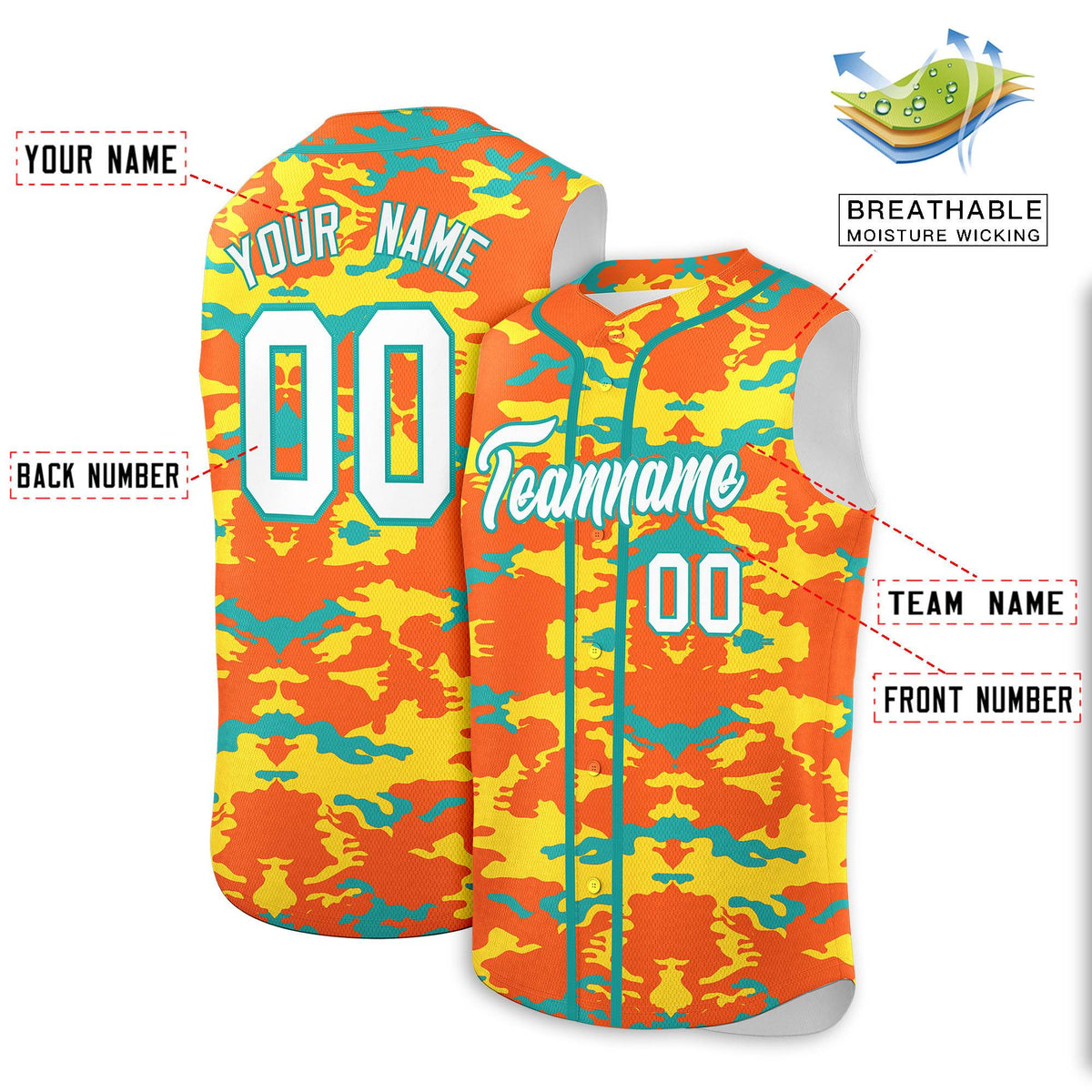 Custom Orange Gold and Aqua Camo Fashion Authentic Sleeveless Baseball Jersey