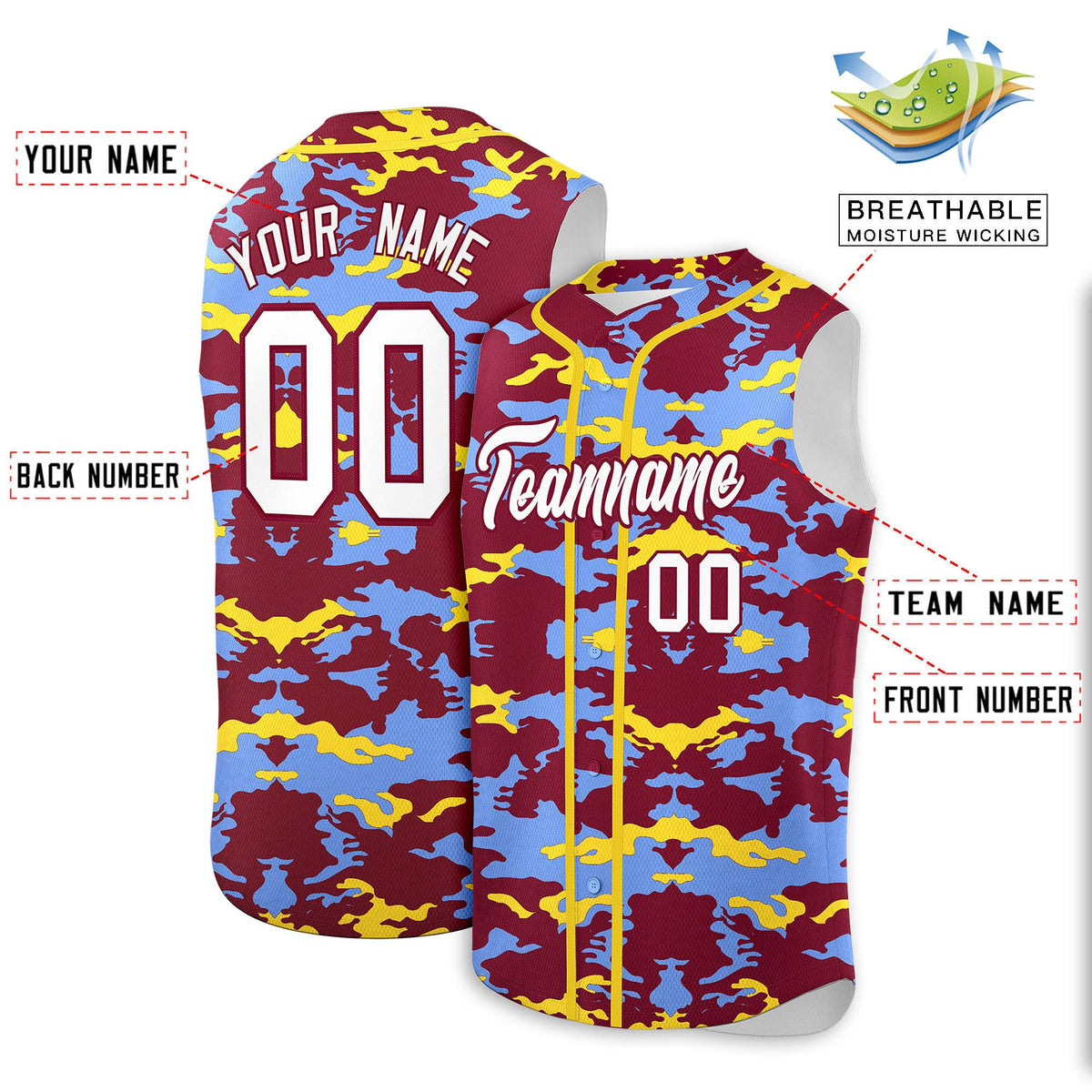 Custom Crimson Light Blue and Gold Camo Fashion Authentic Sleeveless Baseball Jersey