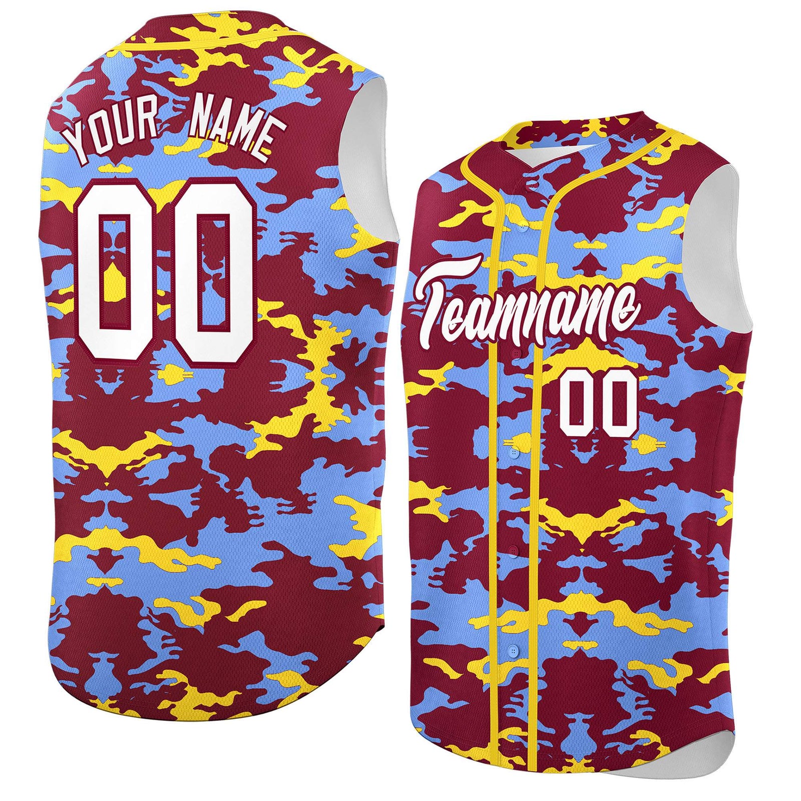 Custom Crimson Light Blue and Gold Camo Fashion Authentic Sleeveless Baseball Jersey