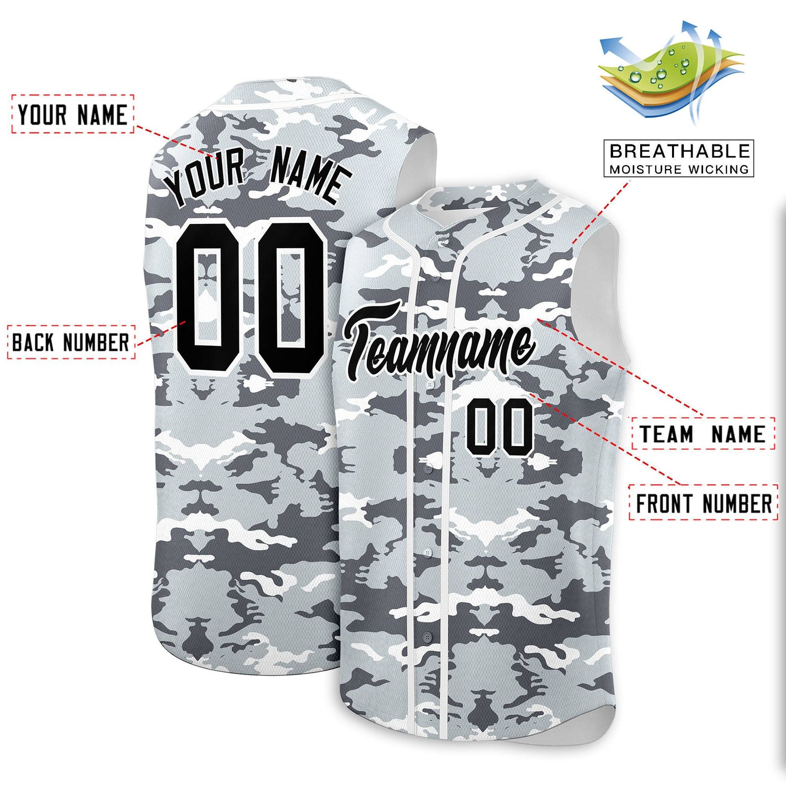Custom Silver Gray and White Camo Fashion Authentic Sleeveless Baseball Jersey