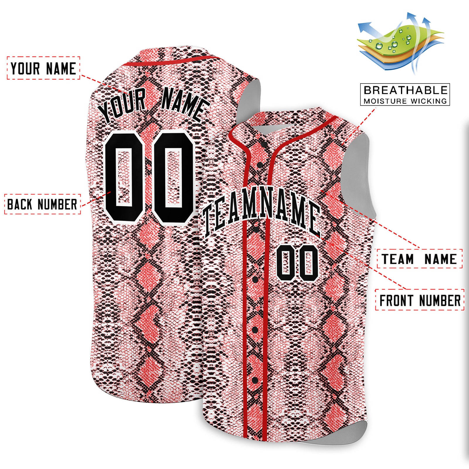 Custom Red Snakeskin Pattern Authentic Sleeveless Baseball Jersey