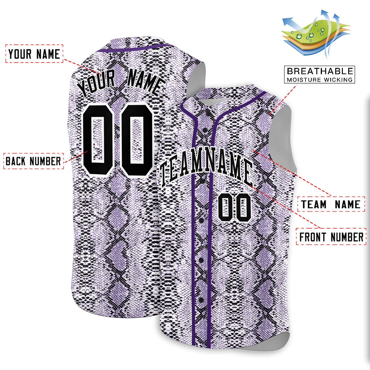 Custom Purple Snakeskin Pattern Authentic Sleeveless Baseball Jersey