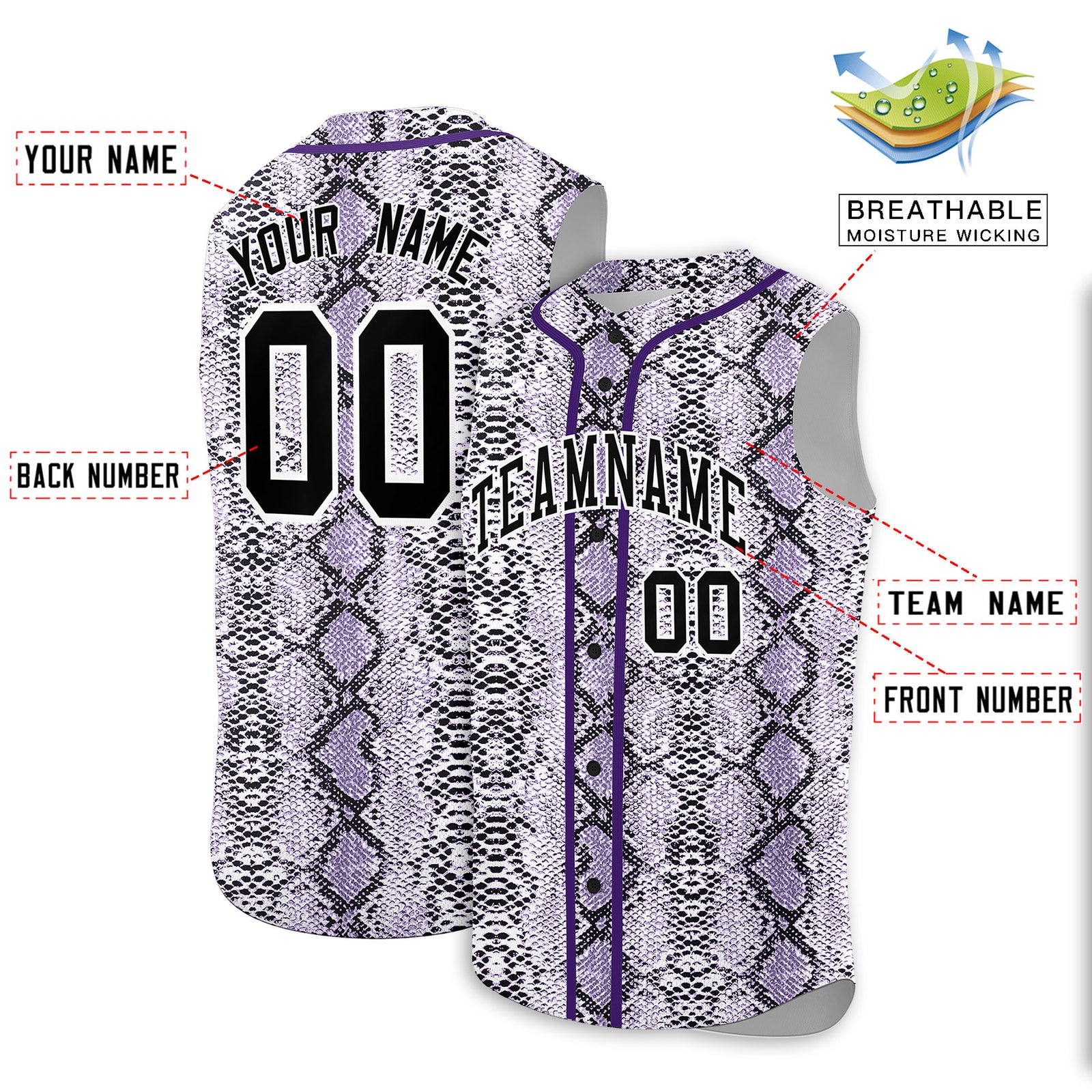 Custom Purple Snakeskin Pattern Authentic Sleeveless Baseball Jersey