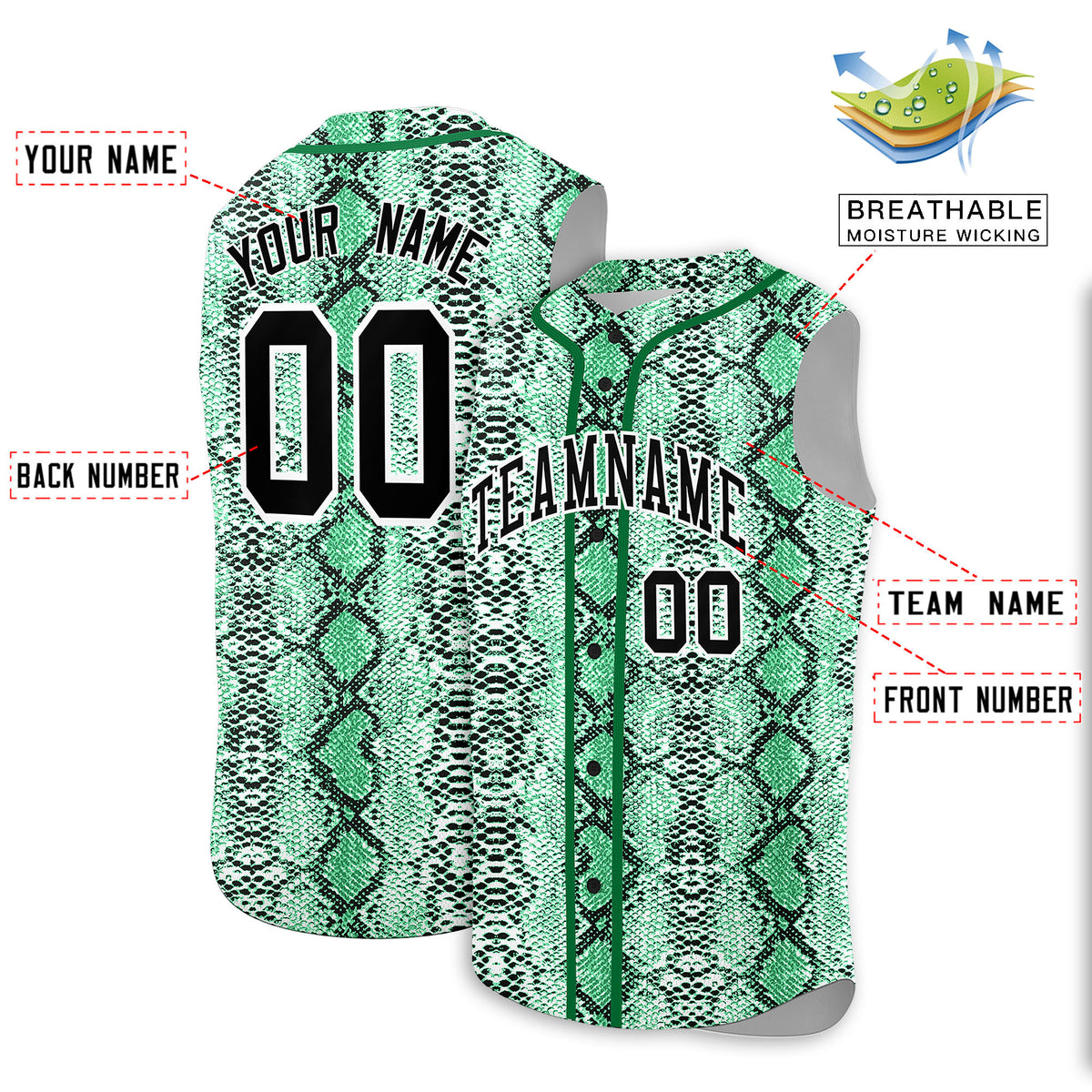 Custom Kelly Green Snakeskin Pattern Authentic Sleeveless Baseball Jersey