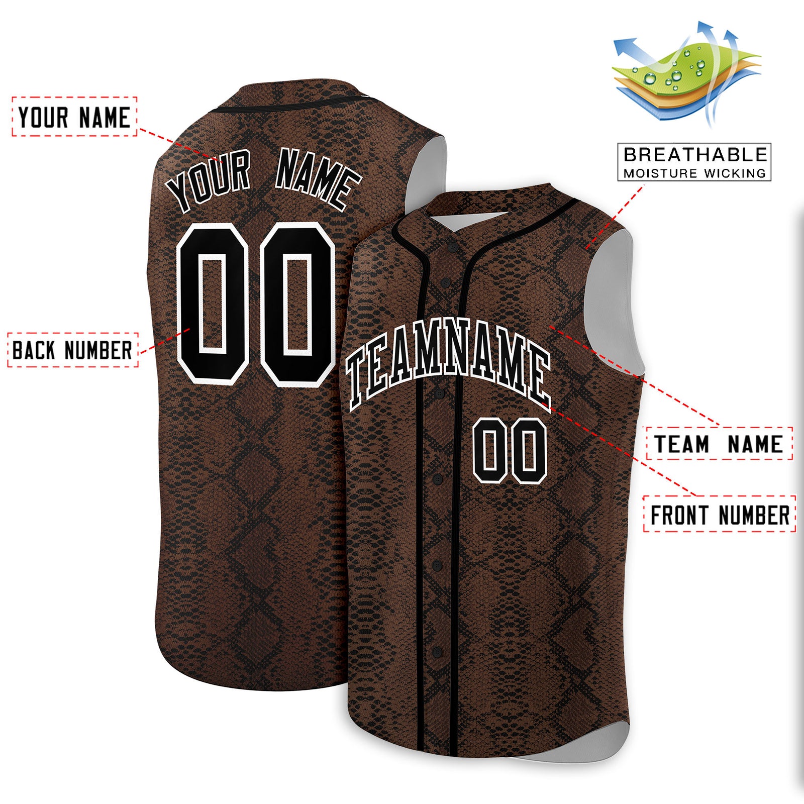 Custom Black Snakeskin Pattern Authentic Sleeveless Baseball Jersey